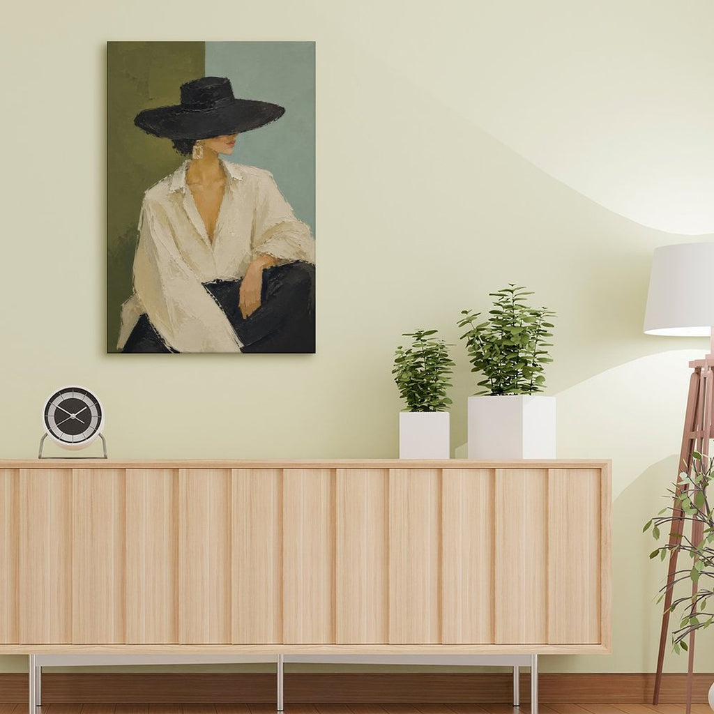Minimalist Woman Black Hat White Shirt Framed Canvas Wall Art | Modern Fashion Portrait Print