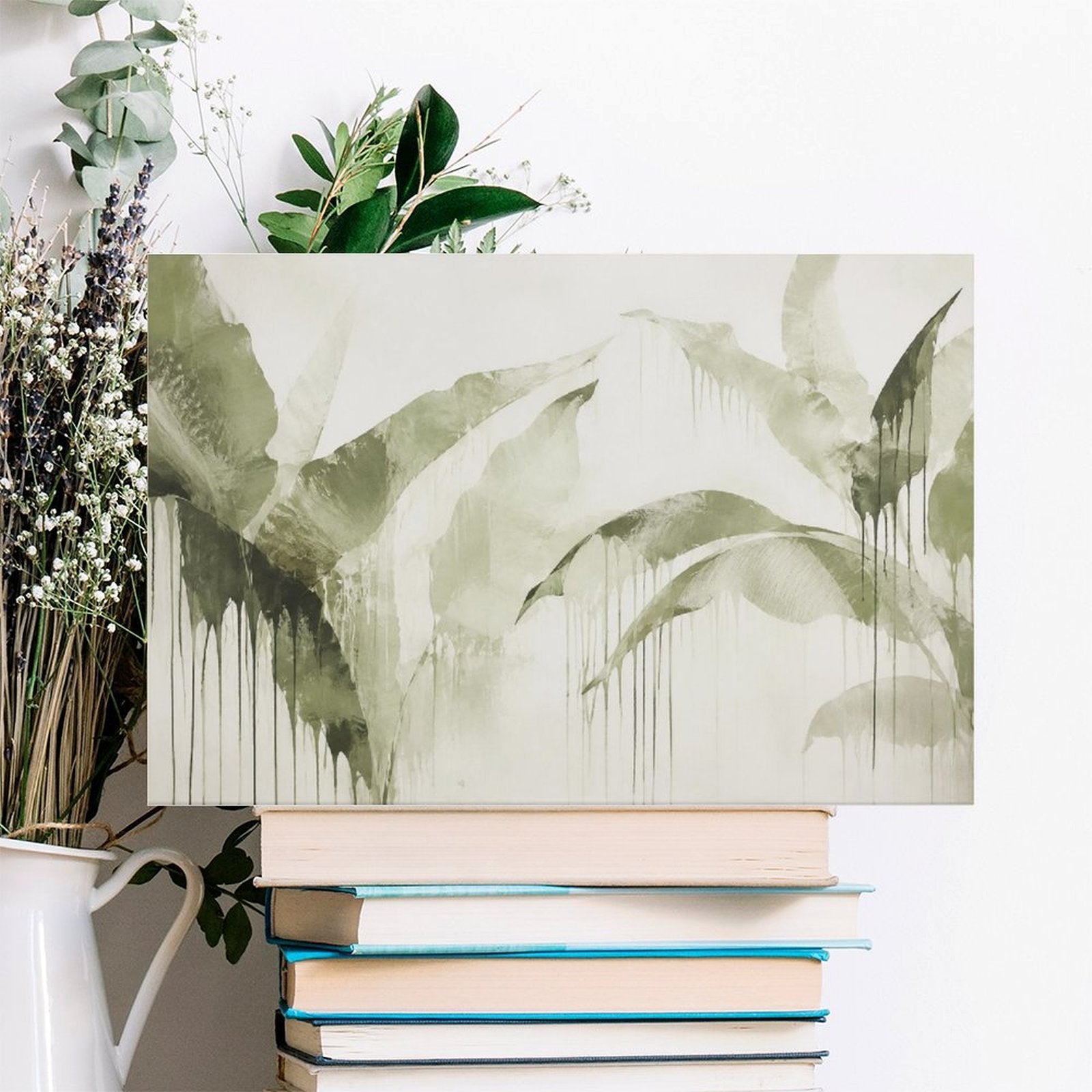 Olive Green Tropical Leaf Drip Watercolor Framed Canvas Wall Art | Minimalist Botanical Print