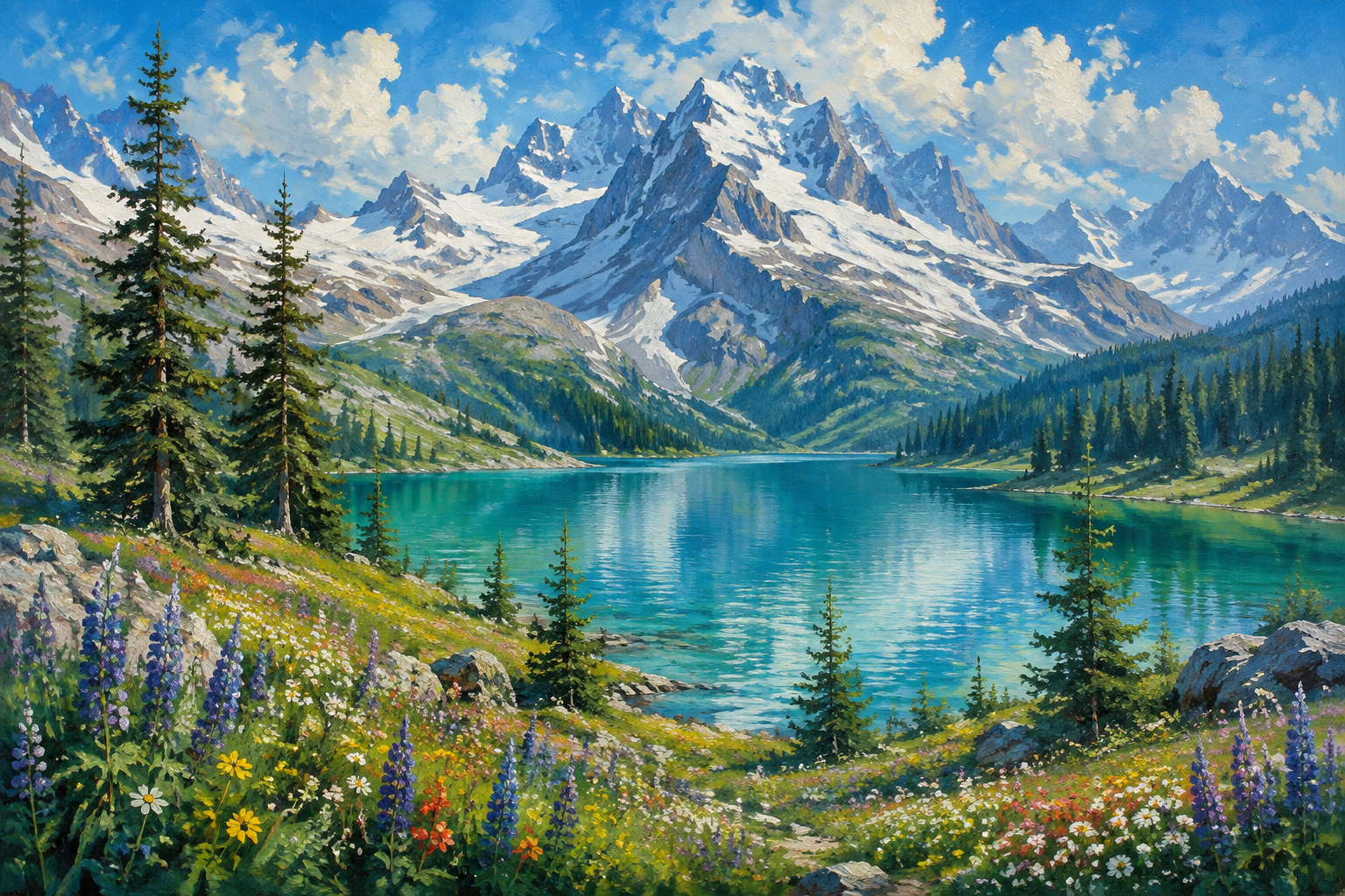 Alpine Turquoise Lake Wildflower Meadow Framed Canvas Wall Art | Mountain Landscape Print