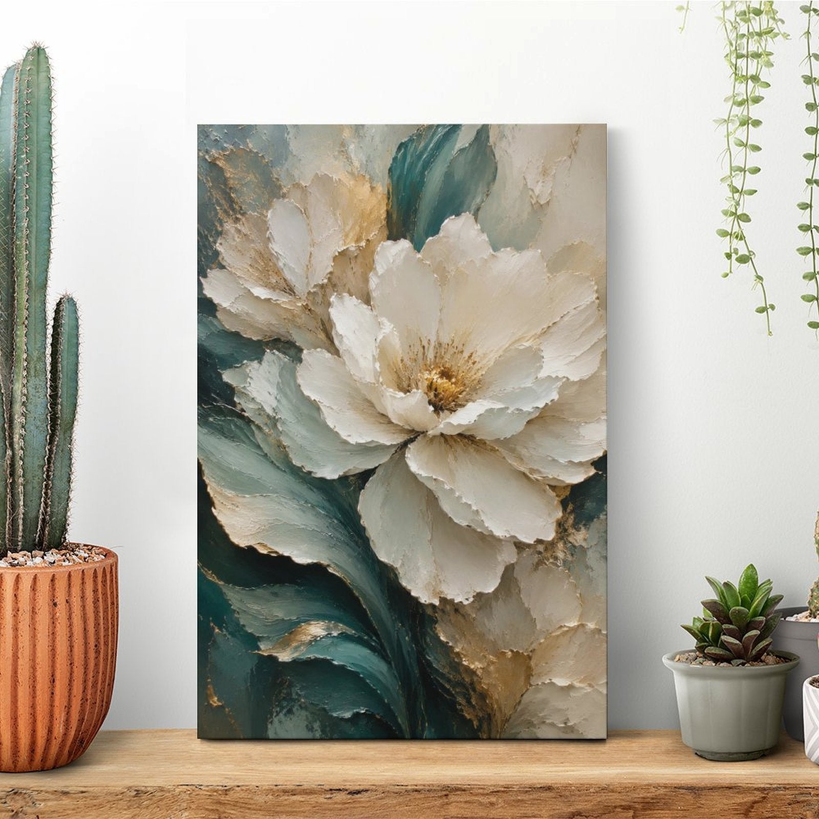 Cream White Peony Gold Botanical Framed Canvas Wall Art | Teal Green Floral Textured Print