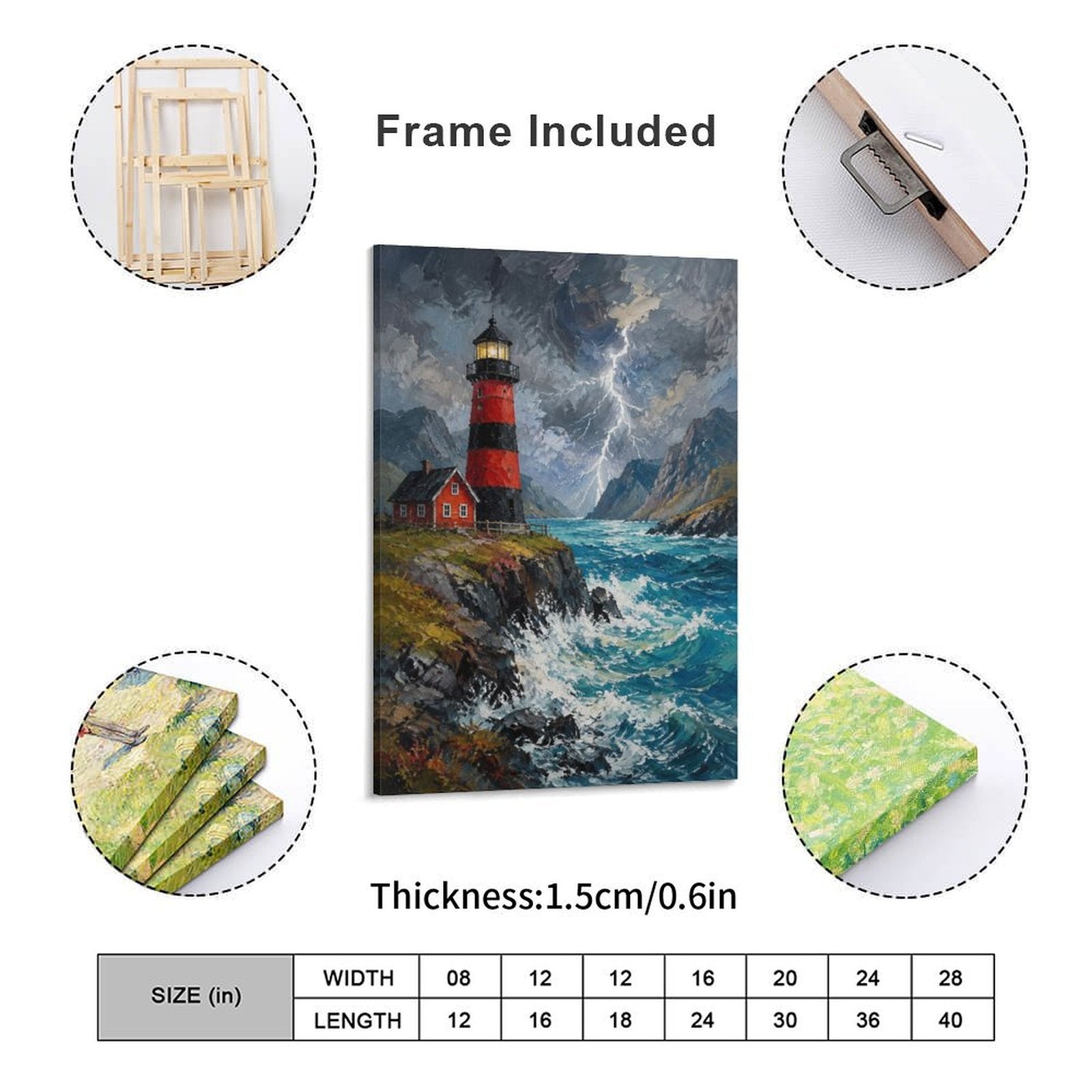 Stormy Lighthouse Cliff Framed Canvas Wall Art | Red & Black Coastal Oil Painting Print