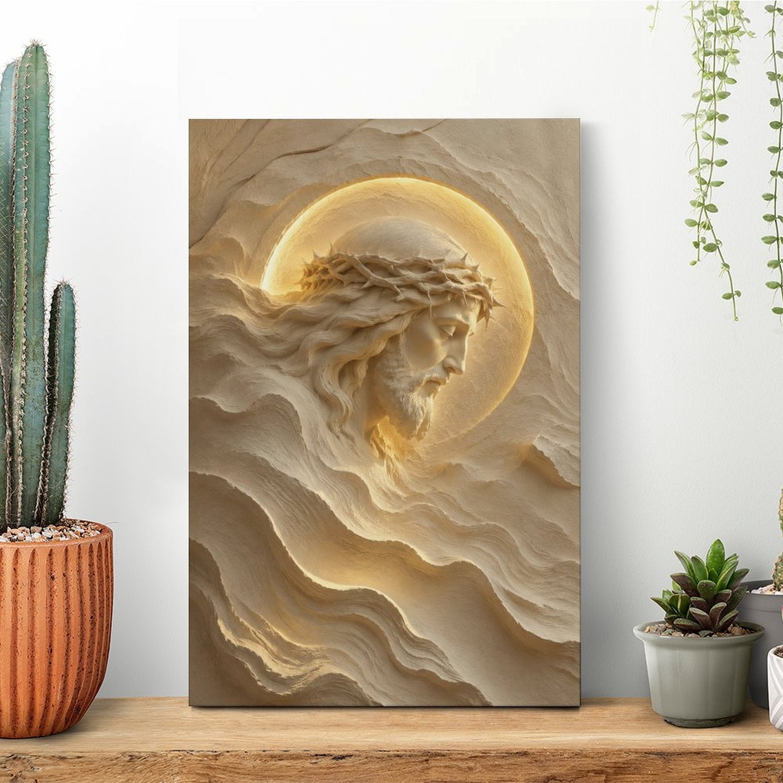 Jesus Crown of Thorns 3D Sand Relief Framed Canvas Wall Art | Sacred Religious Print