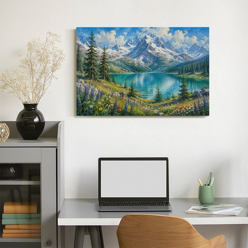 Alpine Turquoise Lake Wildflower Meadow Framed Canvas Wall Art | Mountain Landscape Print