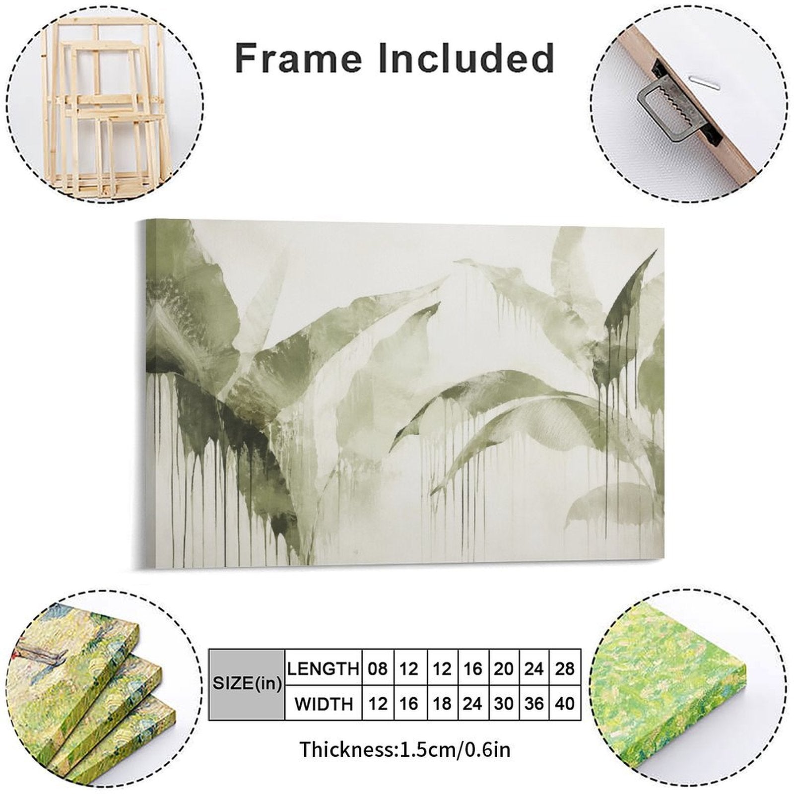 Olive Green Tropical Leaf Drip Watercolor Framed Canvas Wall Art | Minimalist Botanical Print