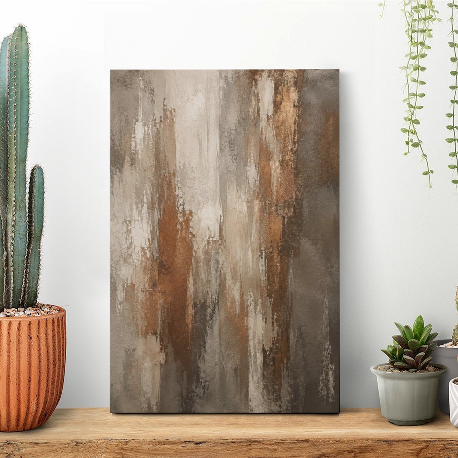 Warm Brown Copper Vertical Textured Abstract Framed Canvas Wall Art | Neutral Wabi-Sabi Print