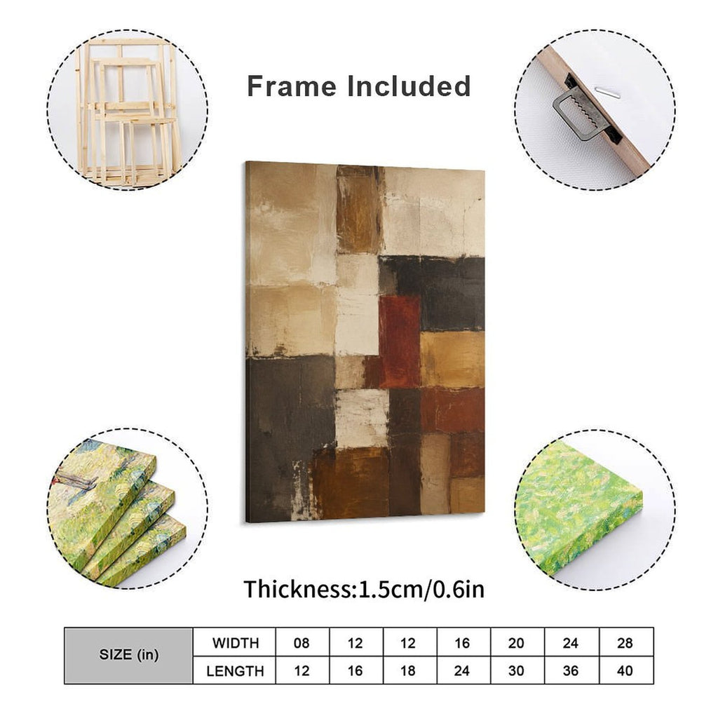 Earth Tone Geometric Block Abstract Textured Framed Canvas Wall Art | Mondrian-Style Neutral Print