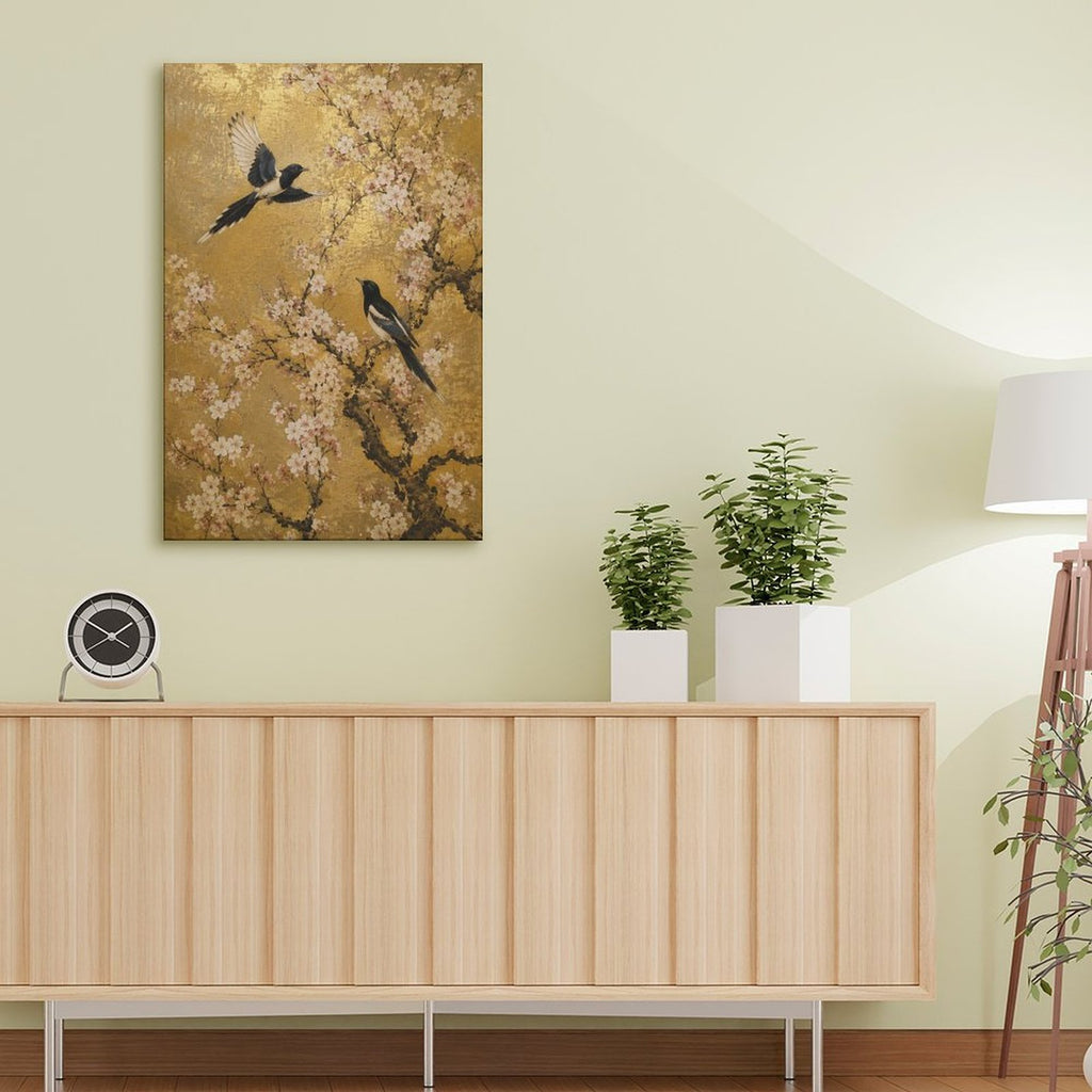 Magpies & Cherry Blossom Gold Framed Canvas Wall Art | Asian Floral Bird Print