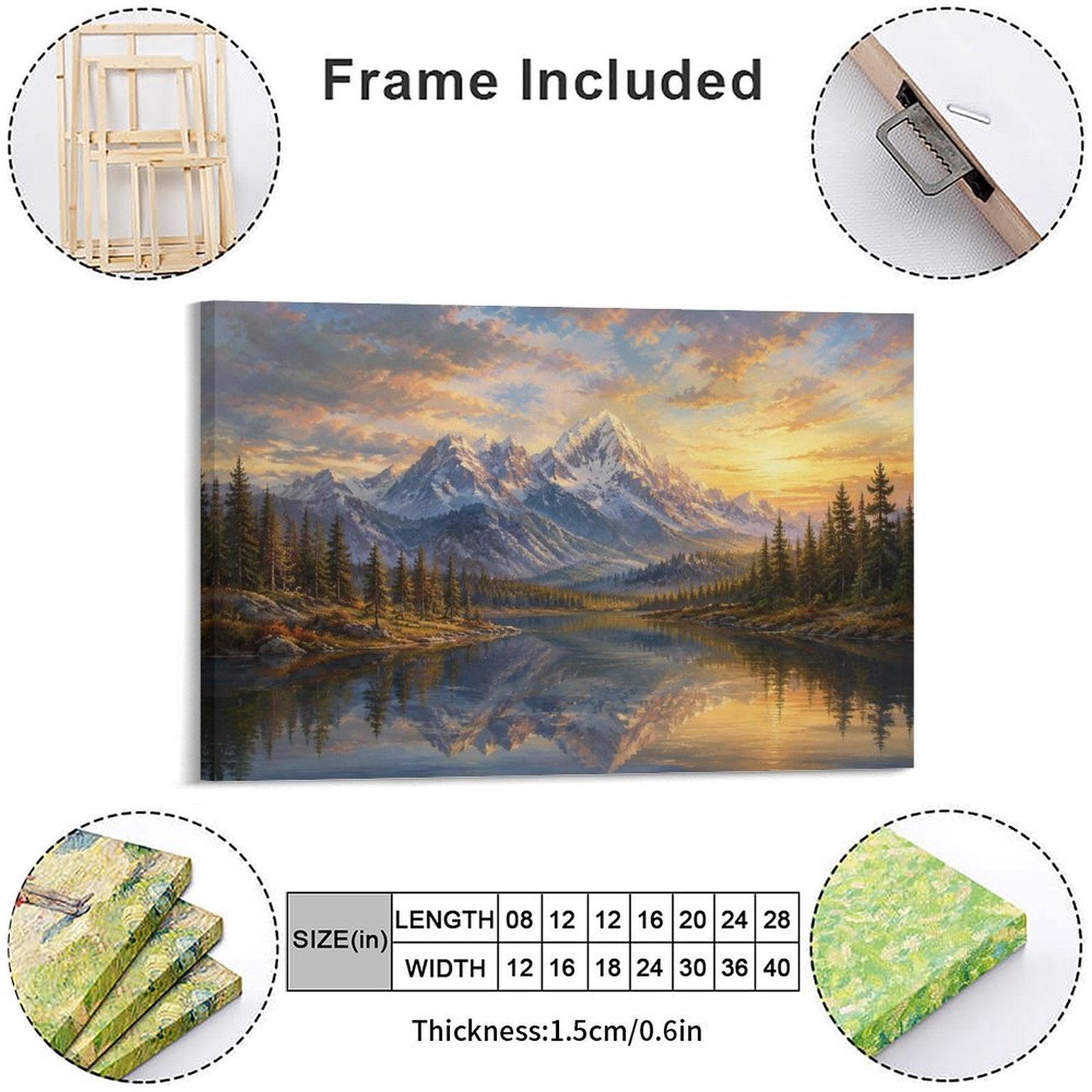 Snow Mountain Sunset Lake Reflection Pine Forest Framed Canvas Wall Art | Old Master Landscape Print