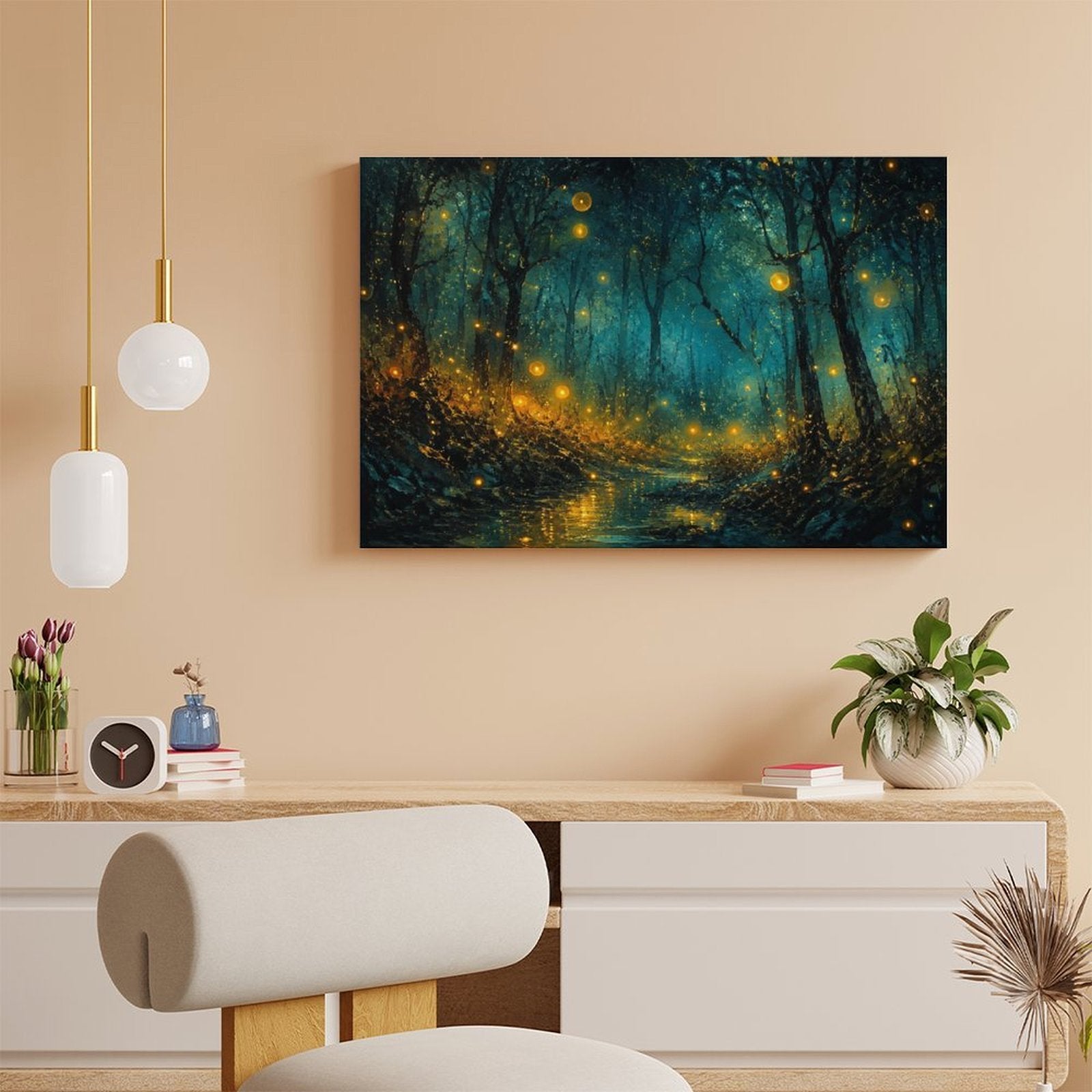 Firefly Enchanted Forest Night Framed Canvas Wall Art | Magical Dark Woodland Stream Print