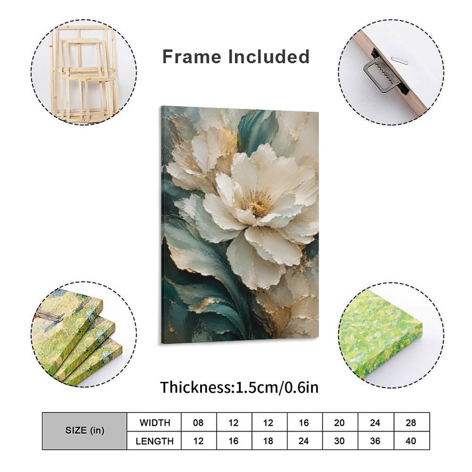 Cream White Peony Gold Botanical Framed Canvas Wall Art | Teal Green Floral Textured Print