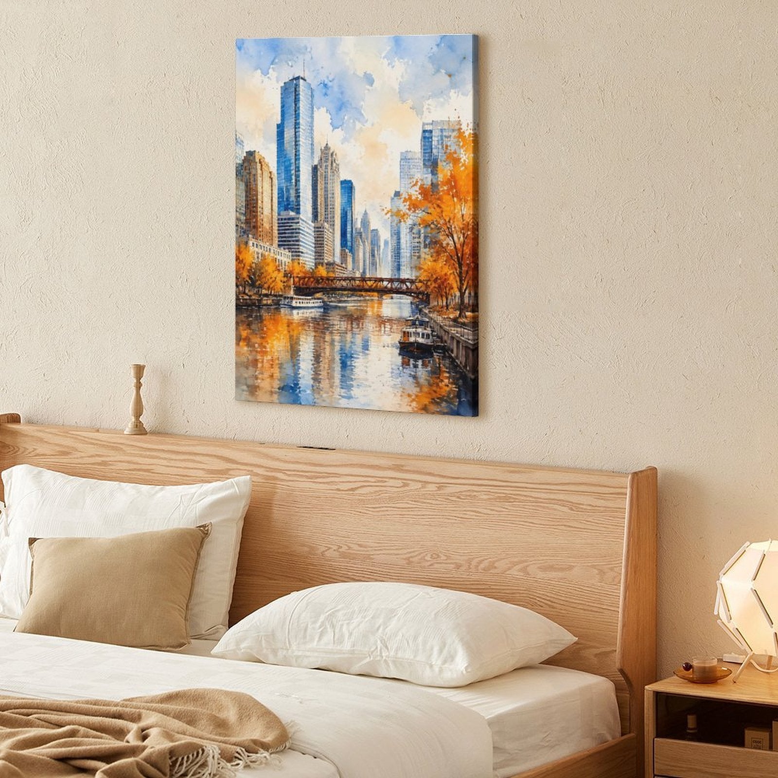Chicago River Autumn Skyline Watercolor Framed Canvas Wall Art | Impressionist City Print