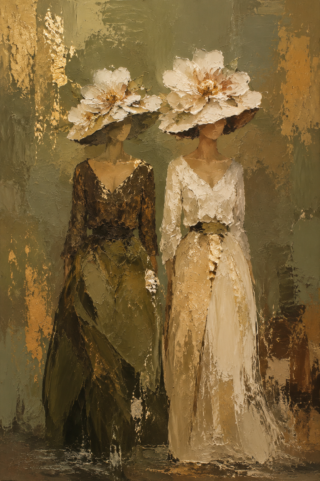Two Elegant Women Floral Hat Vintage Framed Canvas Wall Art | Old Master Figurative Print