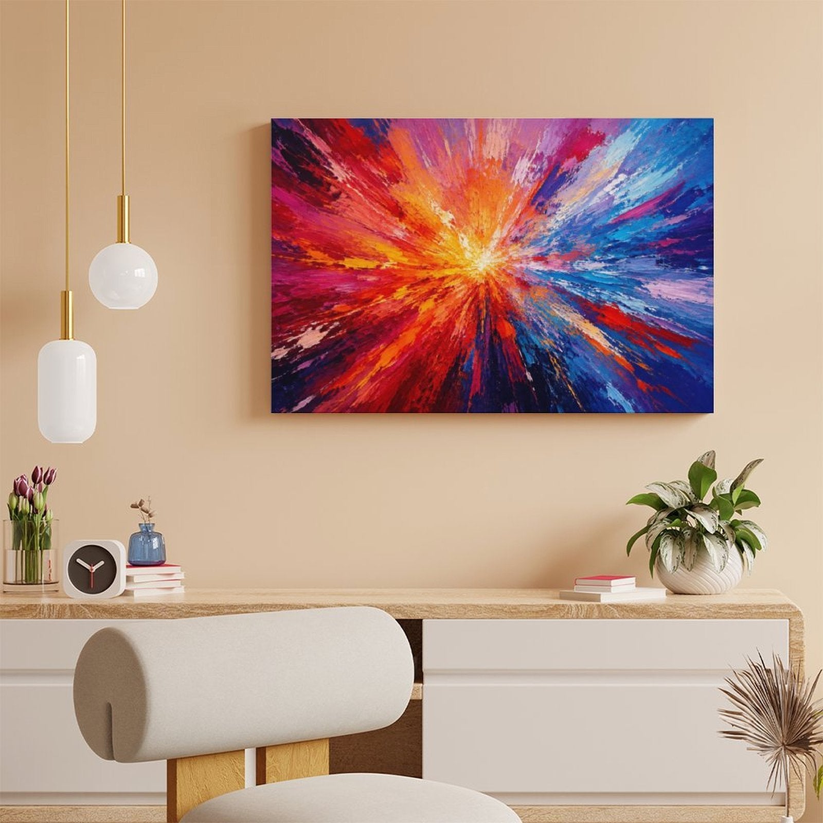 Red Orange Gold Starburst Abstract Framed Canvas Wall Art | Bold Energy Explosion Print