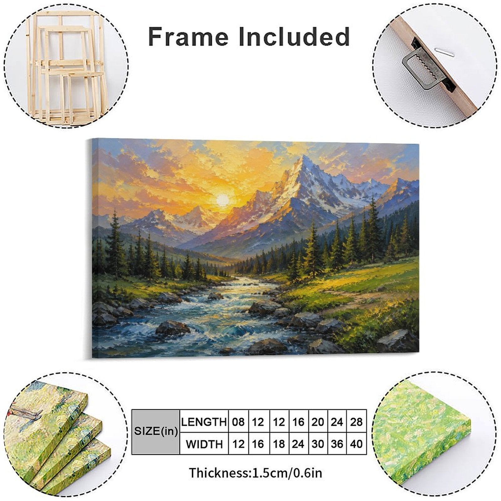 Mountain Stream Golden Sunset Framed Canvas Wall Art | Impressionist Alpine Landscape Print