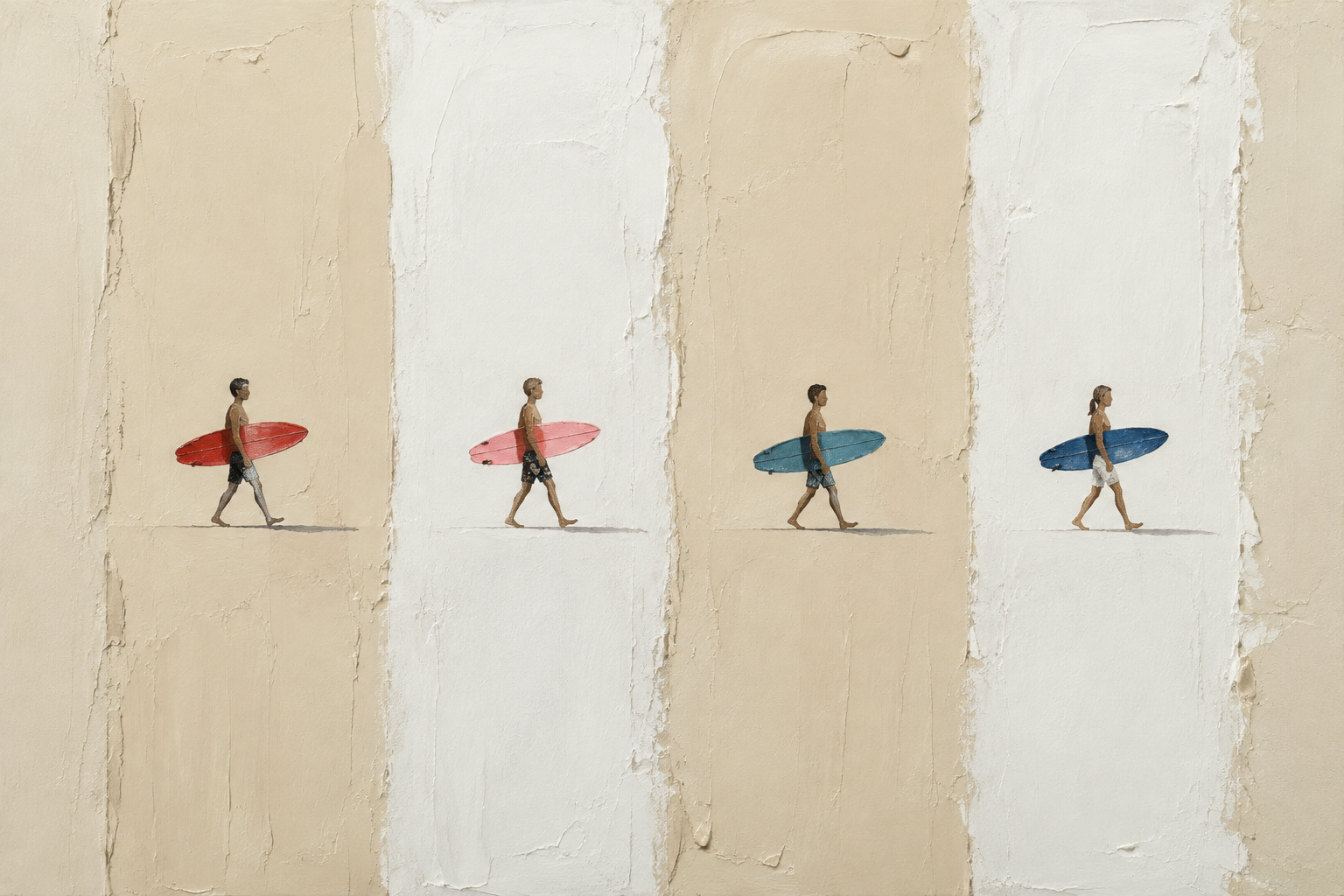 Four Surfers Colorful Boards Minimalist Framed Canvas Wall Art | Coastal Beach Stripe Print