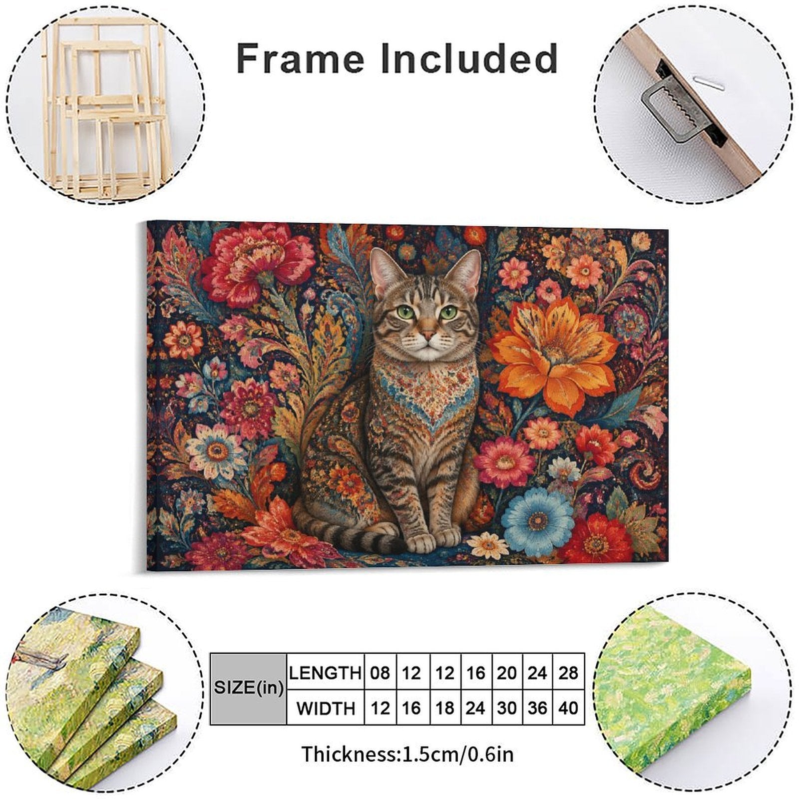 Persian Floral Tabby Cat Framed Canvas Wall Art | Folk Art Botanical Animal Print