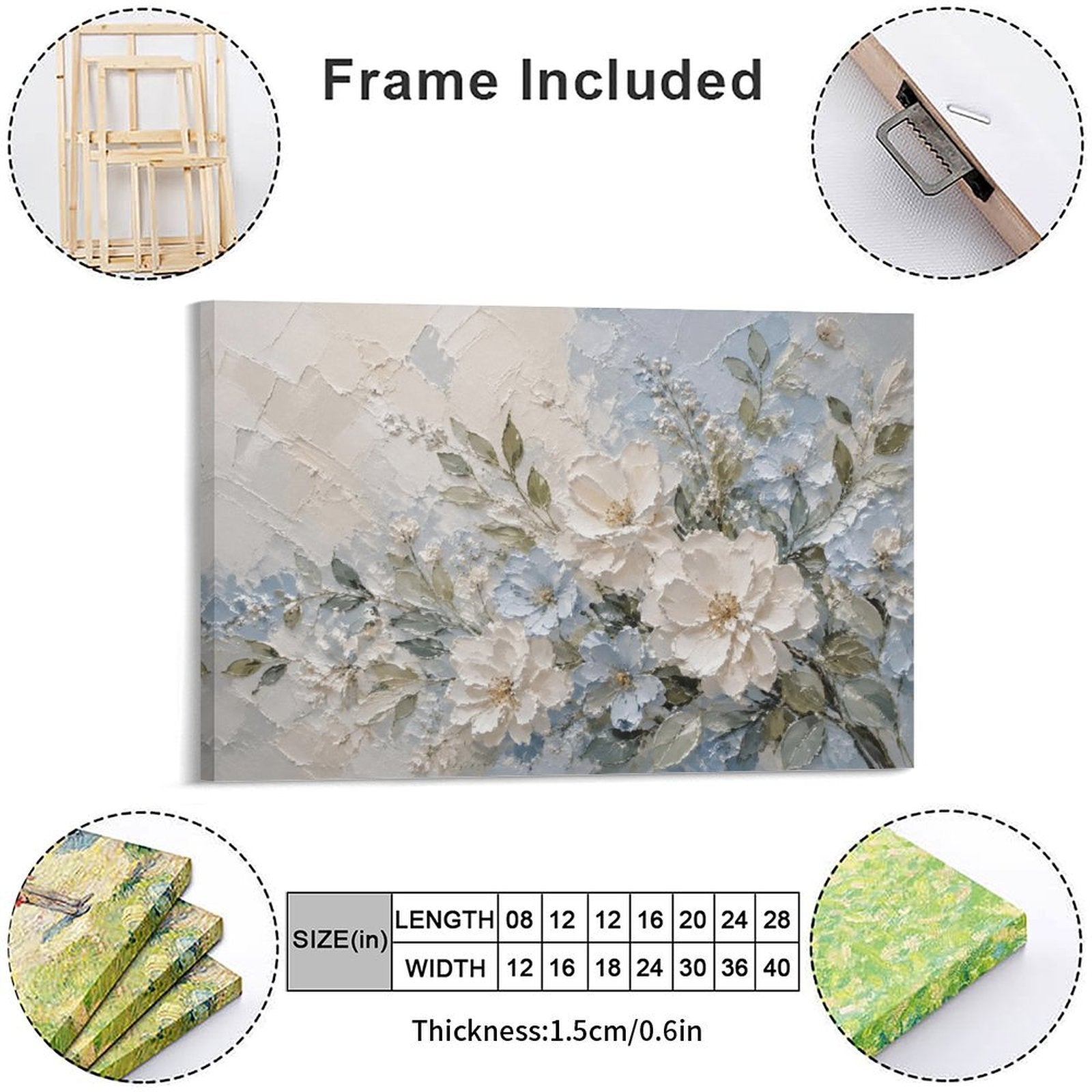 White Peony Blue Floral Textured Framed Canvas Wall Art | French Cottage Botanical Relief Print