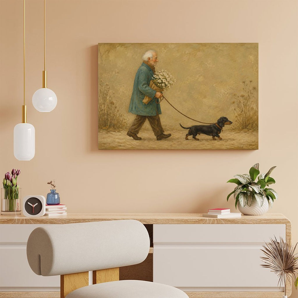 Old Man Walking Dachshund with Daisies Framed Canvas Wall Art | Vintage Heartwarming Dog Print