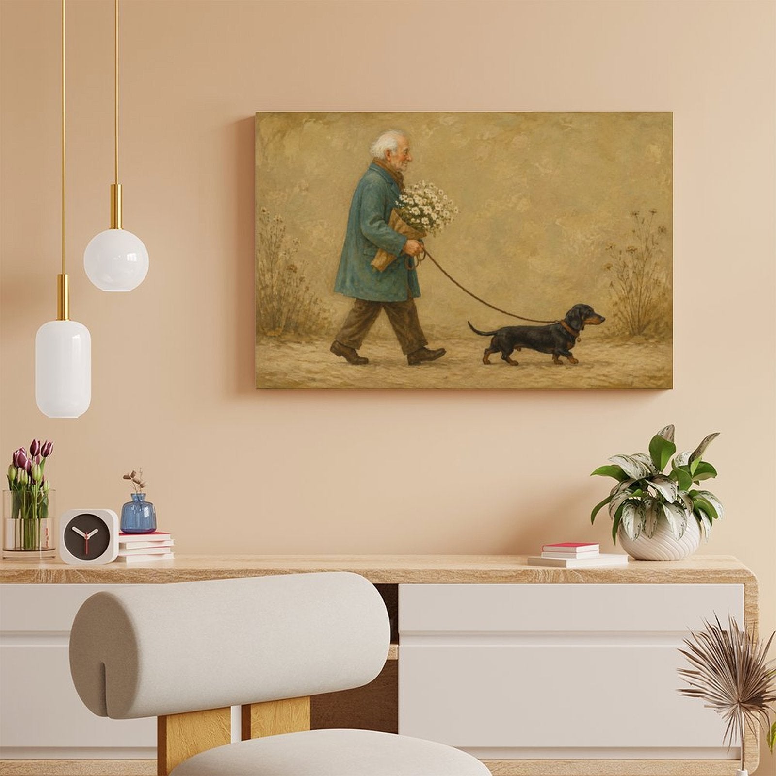 Old Man Walking Dachshund with Daisies Framed Canvas Wall Art | Vintage Heartwarming Dog Print