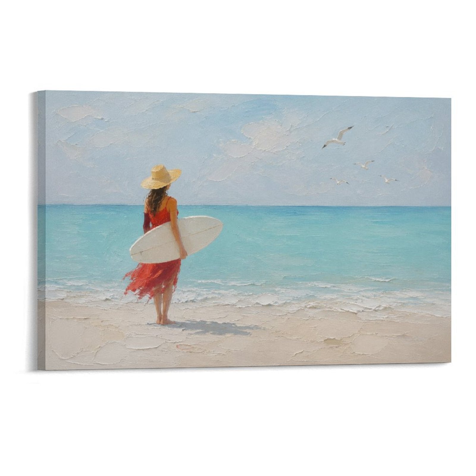 Red Dress Woman Surfer Beach Coastal Figurative Ocean Framed Canvas Wall Art