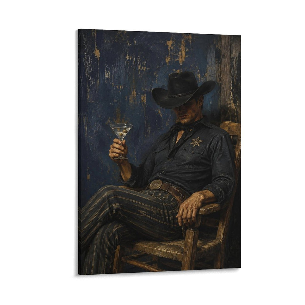 Cowboy Sheriff Martini Dark Blue Vintage Western Noir Figurative Framed Canvas Wall Art