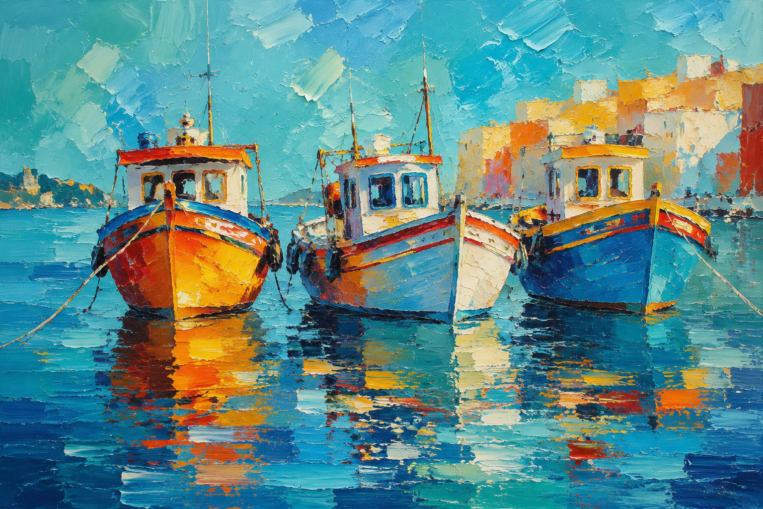Mediterranean Harbor Fishing Boats Framed Canvas Wall Art | Colorful Impressionist Nautical Print
