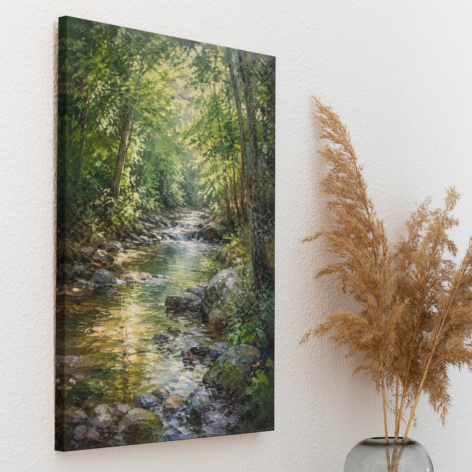 Sunlit Forest Stream Rocky Creek Framed Canvas Wall Art | Realist Nature Landscape Print
