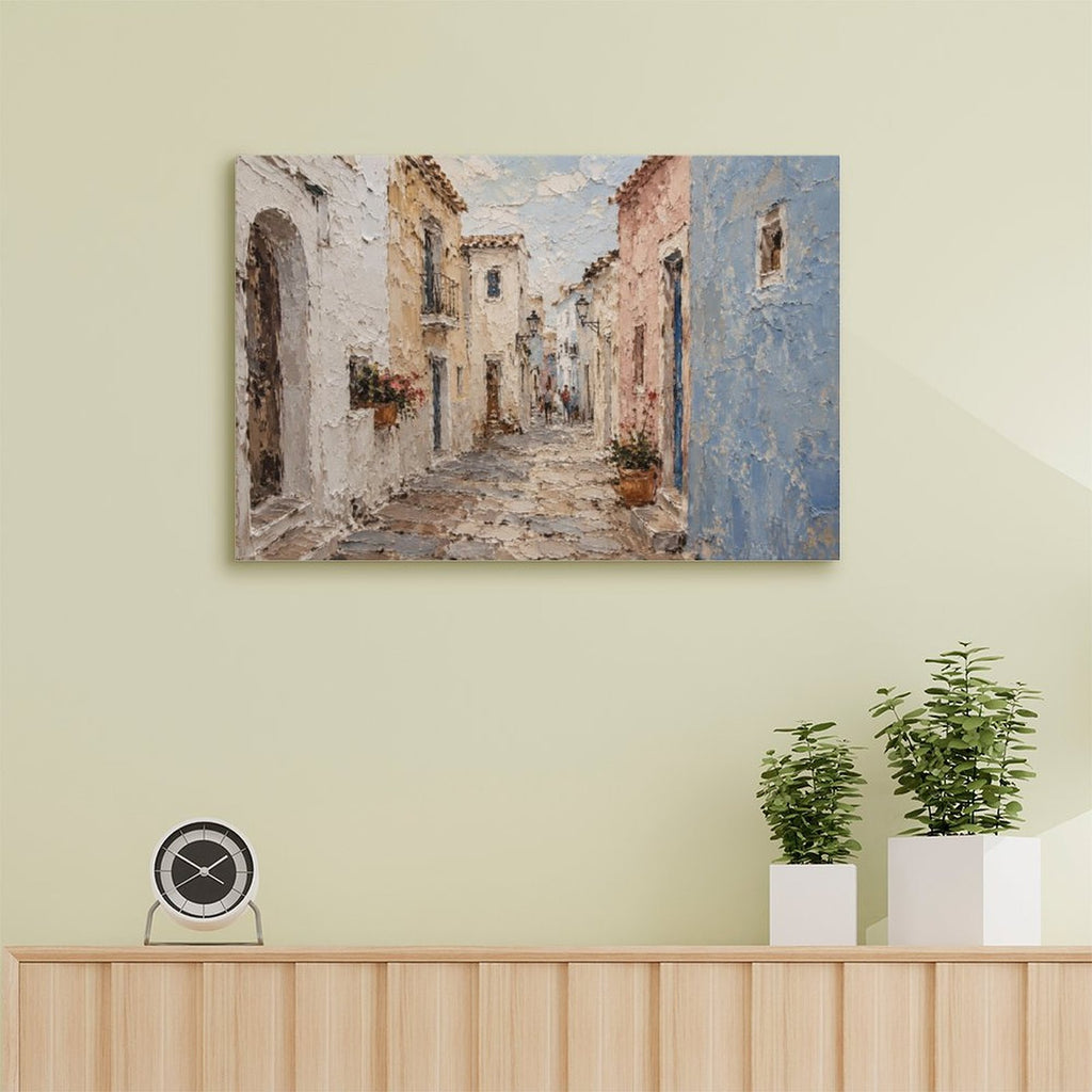 Mediterranean White Village Alley Framed Canvas Wall Art | Textured European Street Print