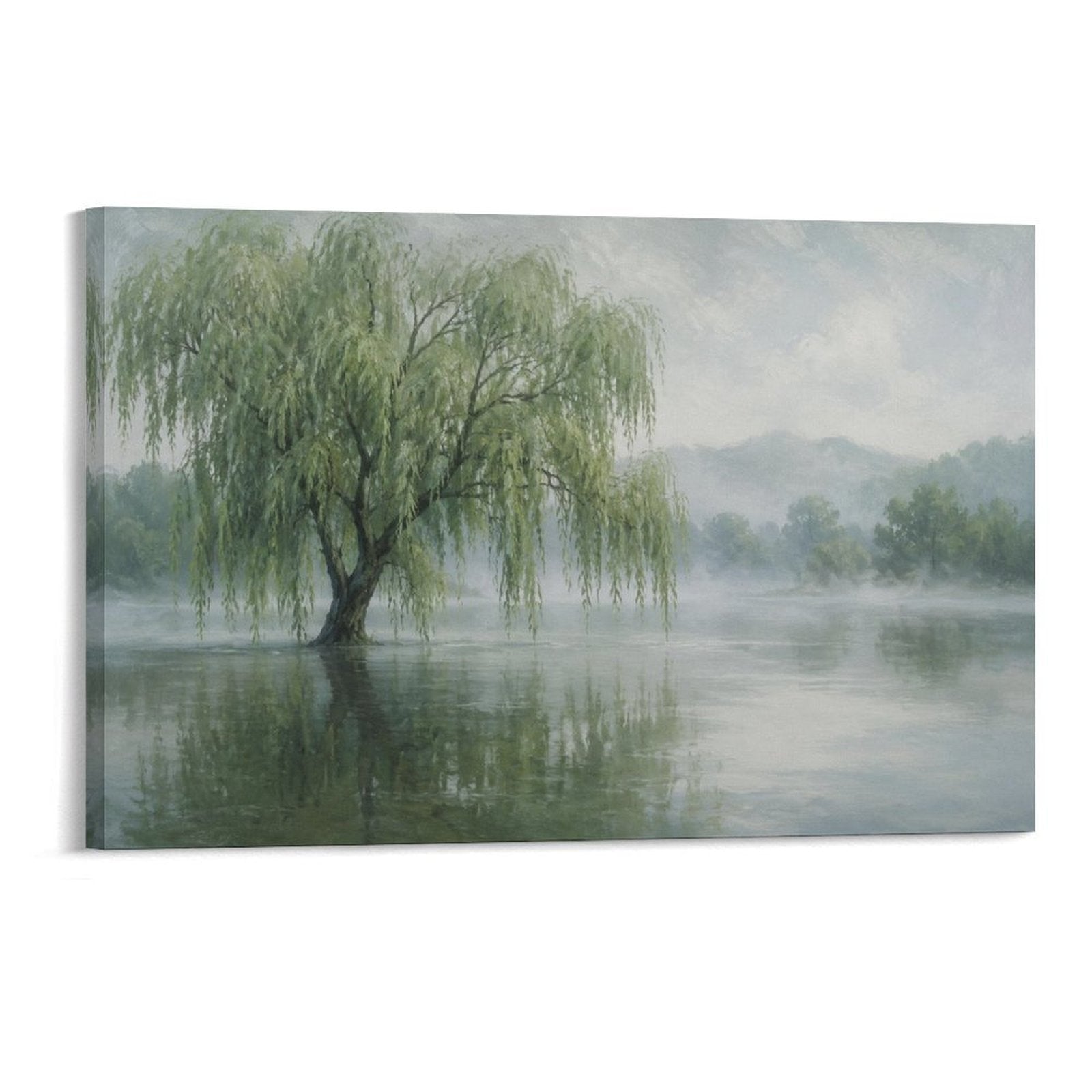 Misty Willow Tree Lake Reflection Serene Chinese Landscape Framed Canvas Wall Art