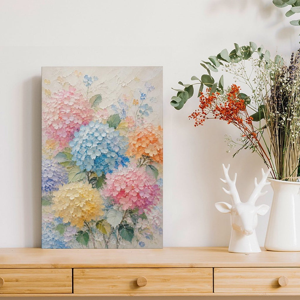 Colorful Hydrangea Garden Textured Framed Canvas Wall Art | Pastel Floral Relief Print