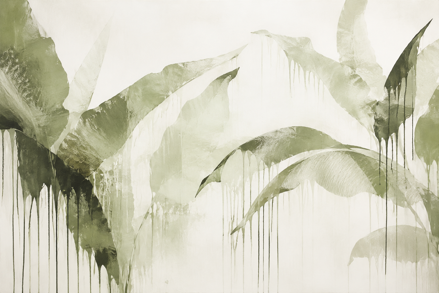 Olive Green Tropical Leaf Drip Watercolor Framed Canvas Wall Art | Minimalist Botanical Print
