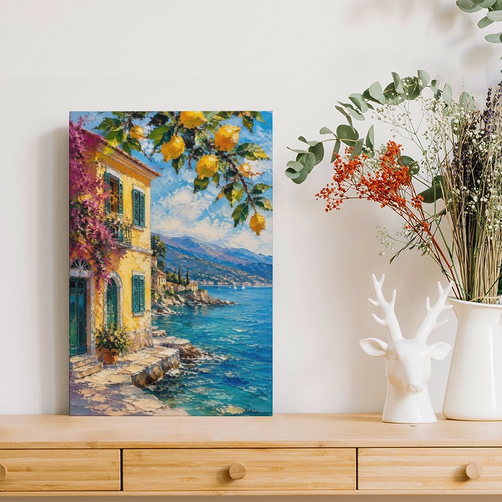 Italian Coastal Villa Lemon Tree Framed Canvas Wall Art | Amalfi Mediterranean Print