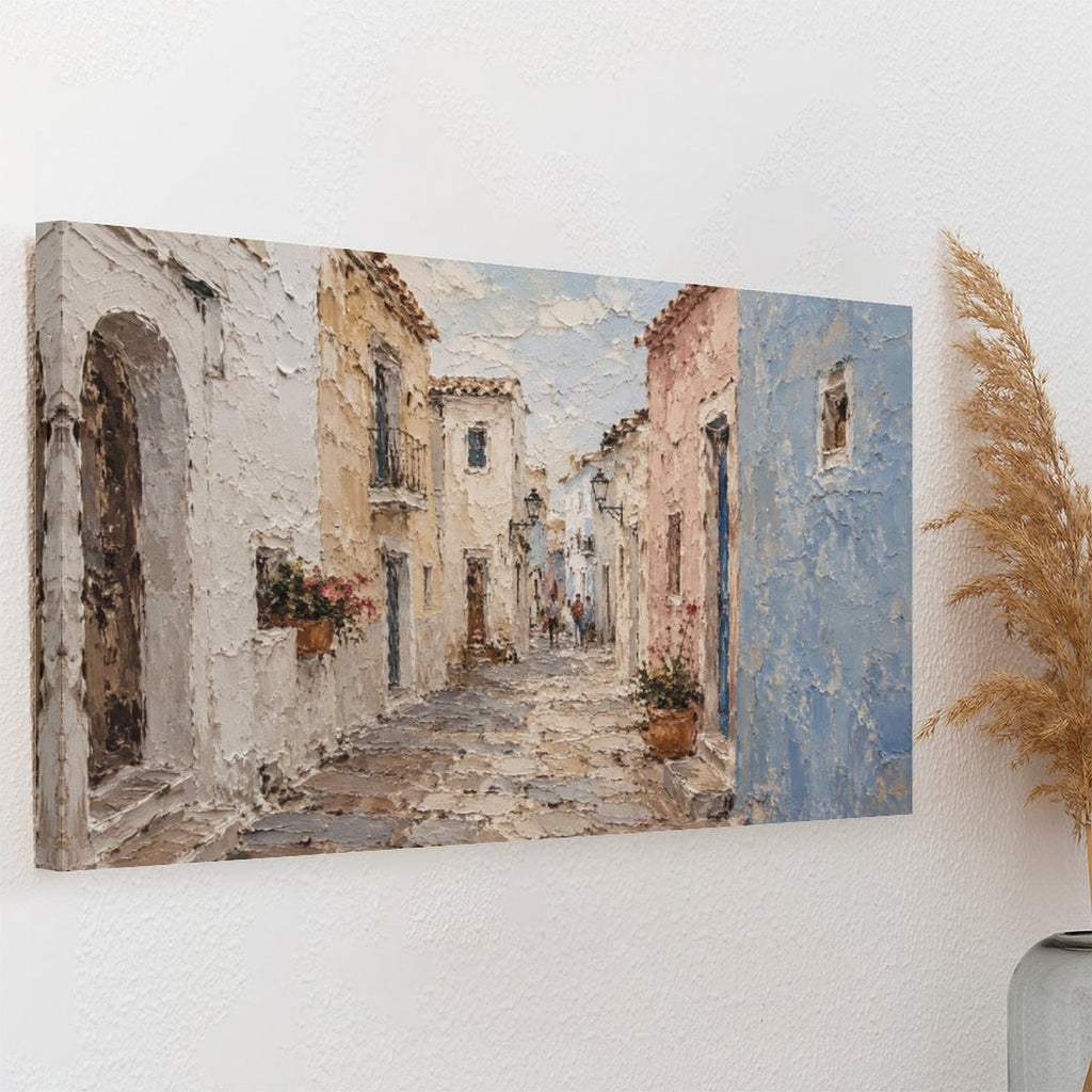 Mediterranean White Village Alley Framed Canvas Wall Art | Textured European Street Print