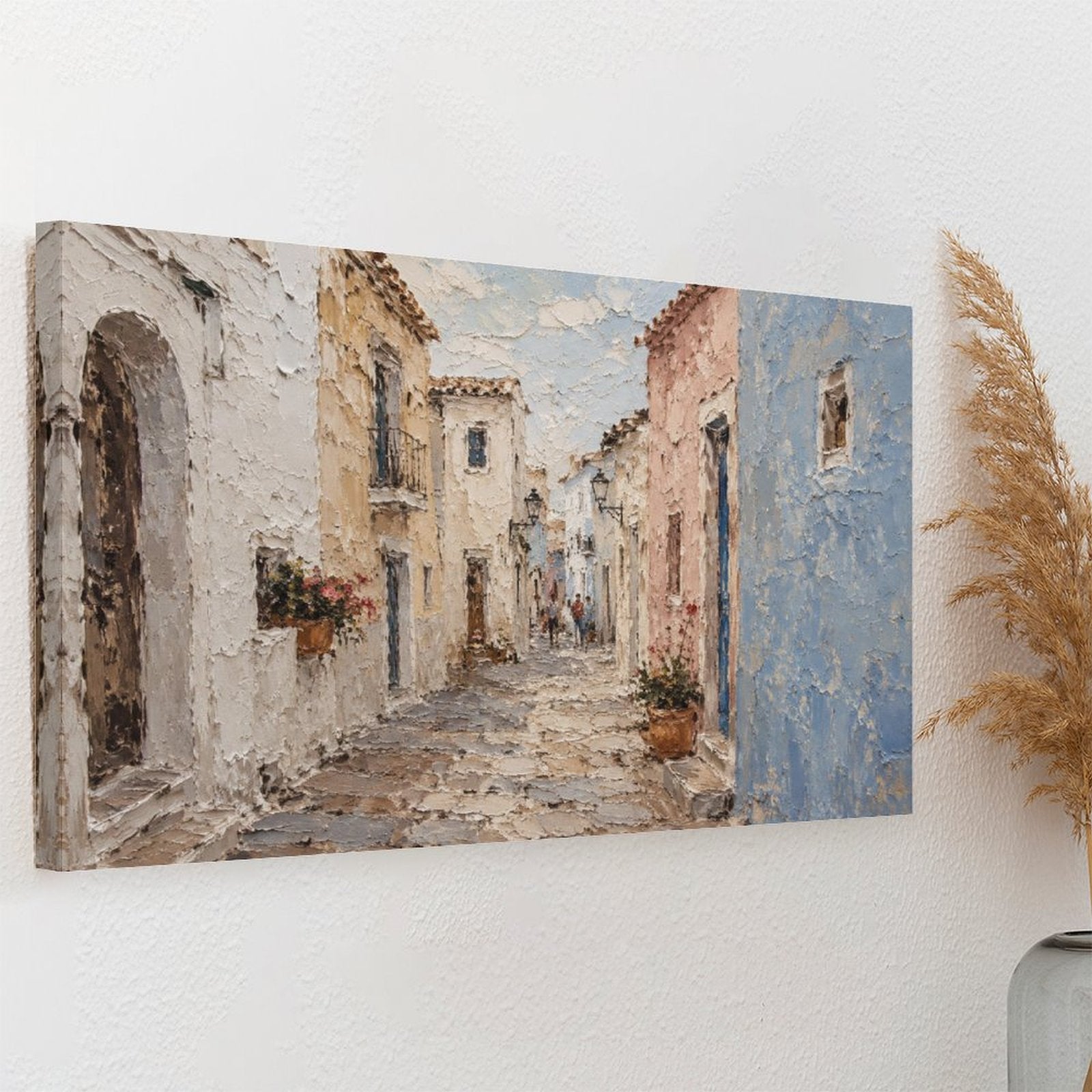 Mediterranean White Village Alley Framed Canvas Wall Art | Textured European Street Print