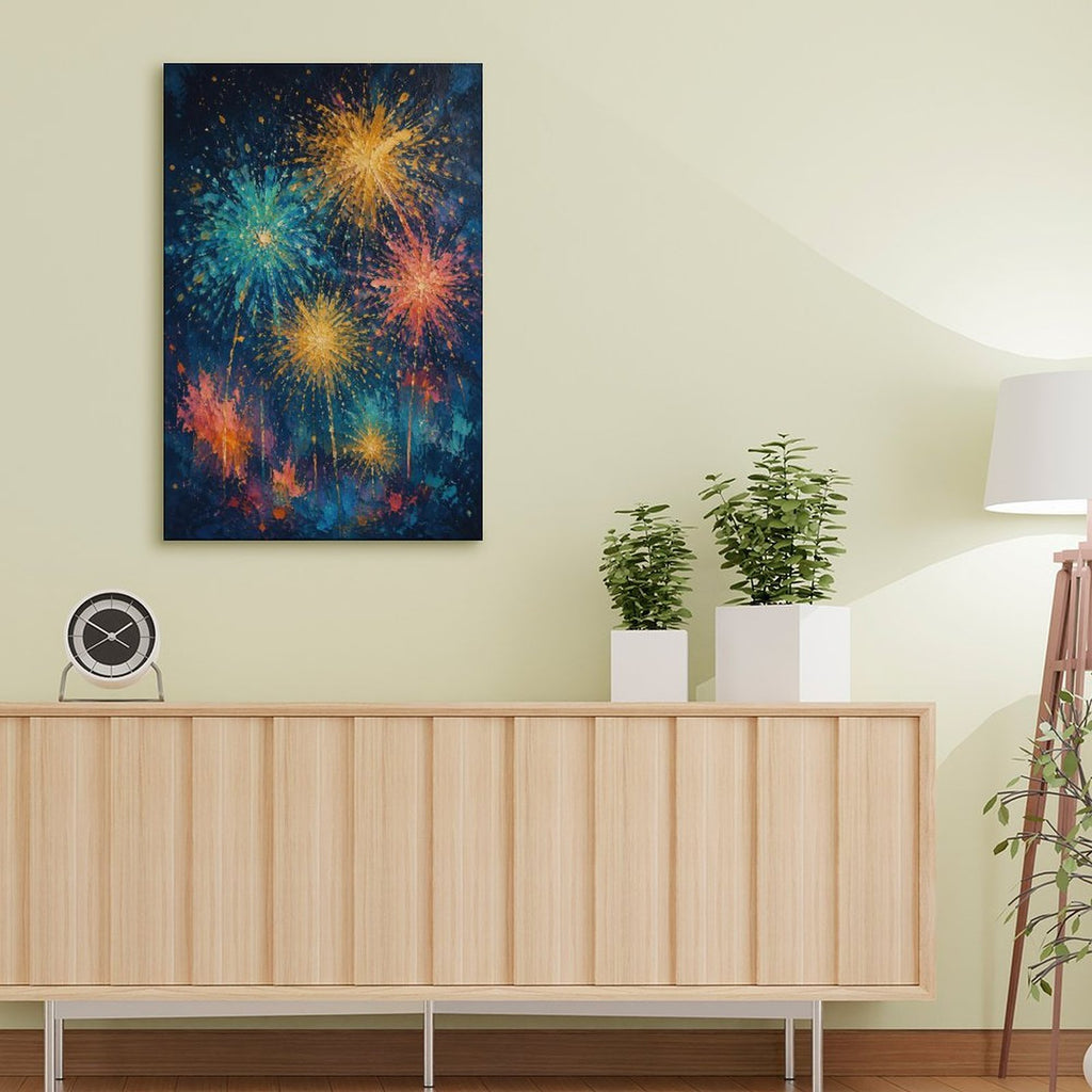 Colorful Fireworks Night Sky Impressionist Framed Canvas Wall Art | Festive Celebration Print