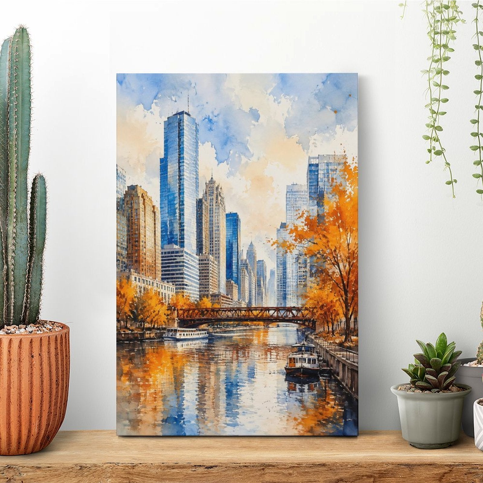 Chicago River Autumn Skyline Watercolor Framed Canvas Wall Art | Impressionist City Print