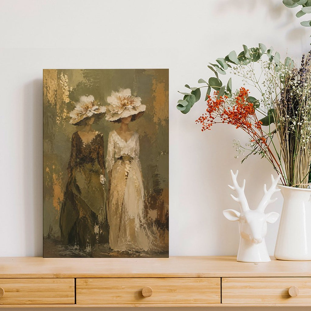 Two Elegant Women Floral Hat Vintage Framed Canvas Wall Art | Old Master Figurative Print