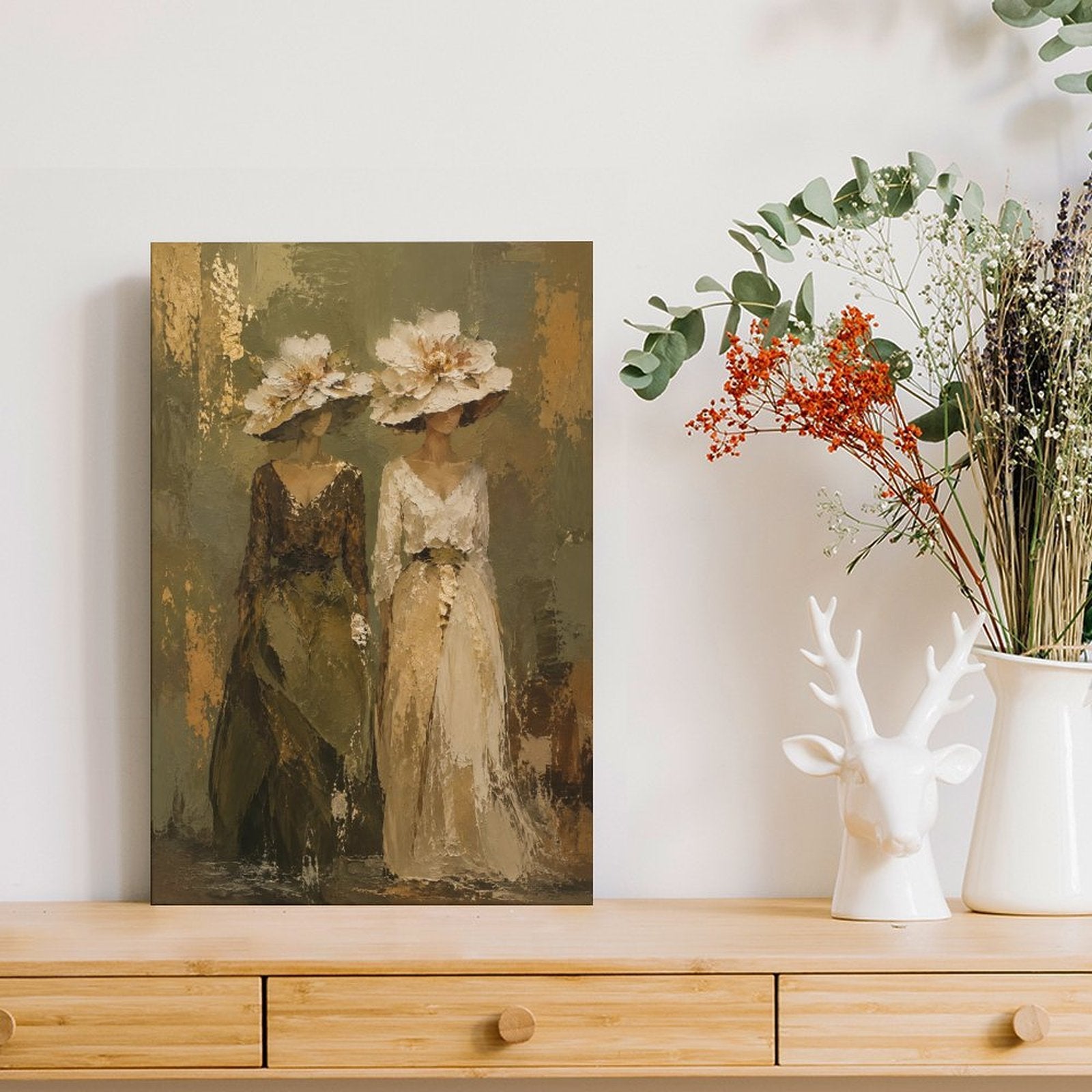 Two Elegant Women Floral Hat Vintage Framed Canvas Wall Art | Old Master Figurative Print