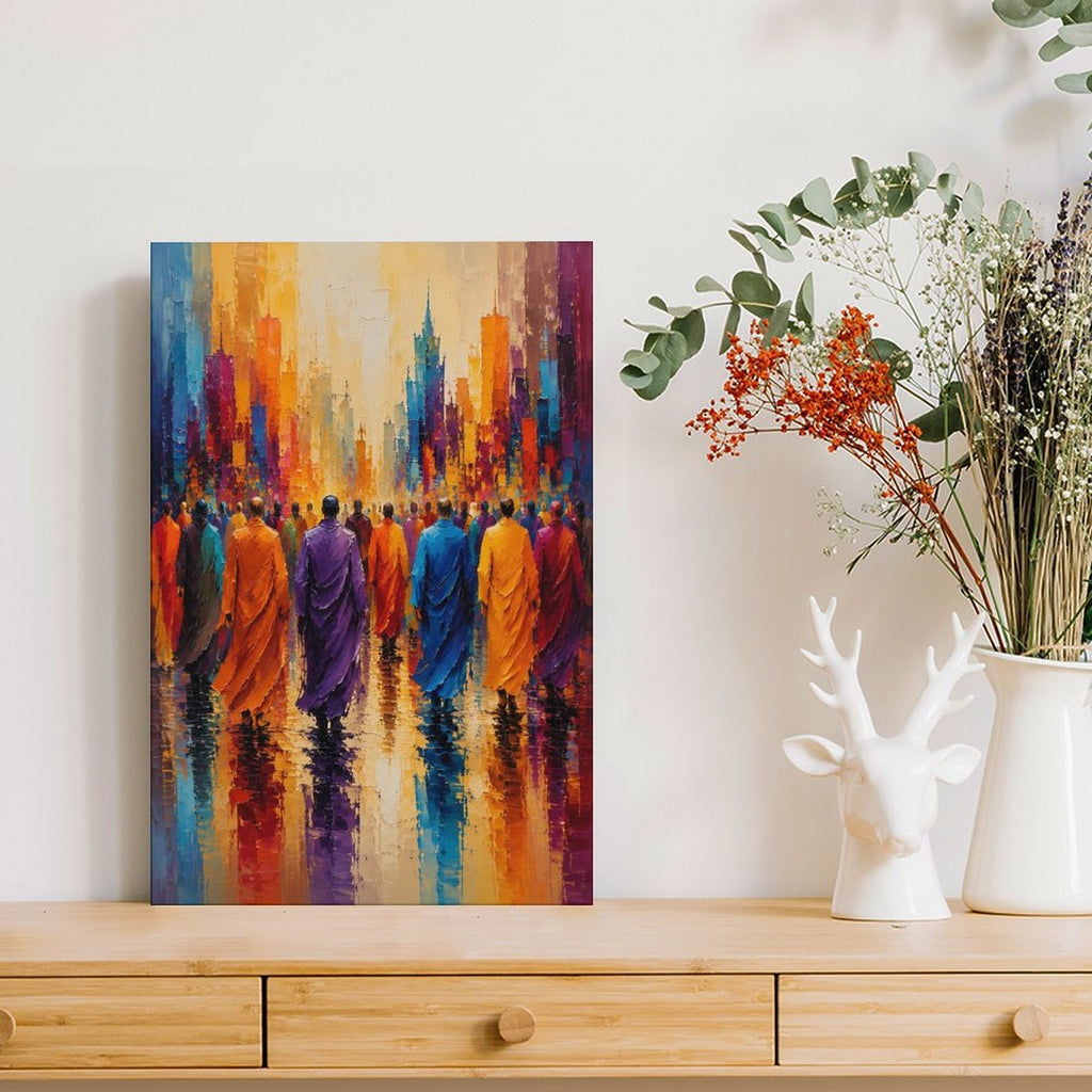 Buddhist Monks Colorful City Walk Framed Canvas Wall Art | Spiritual Expressionist Print