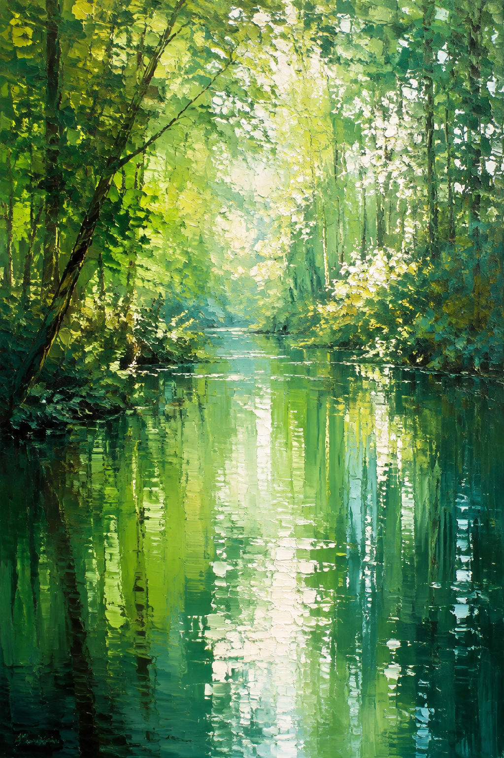 Emerald Forest River Monet-Style Framed Canvas Wall Art | Impressionist Green Nature Print