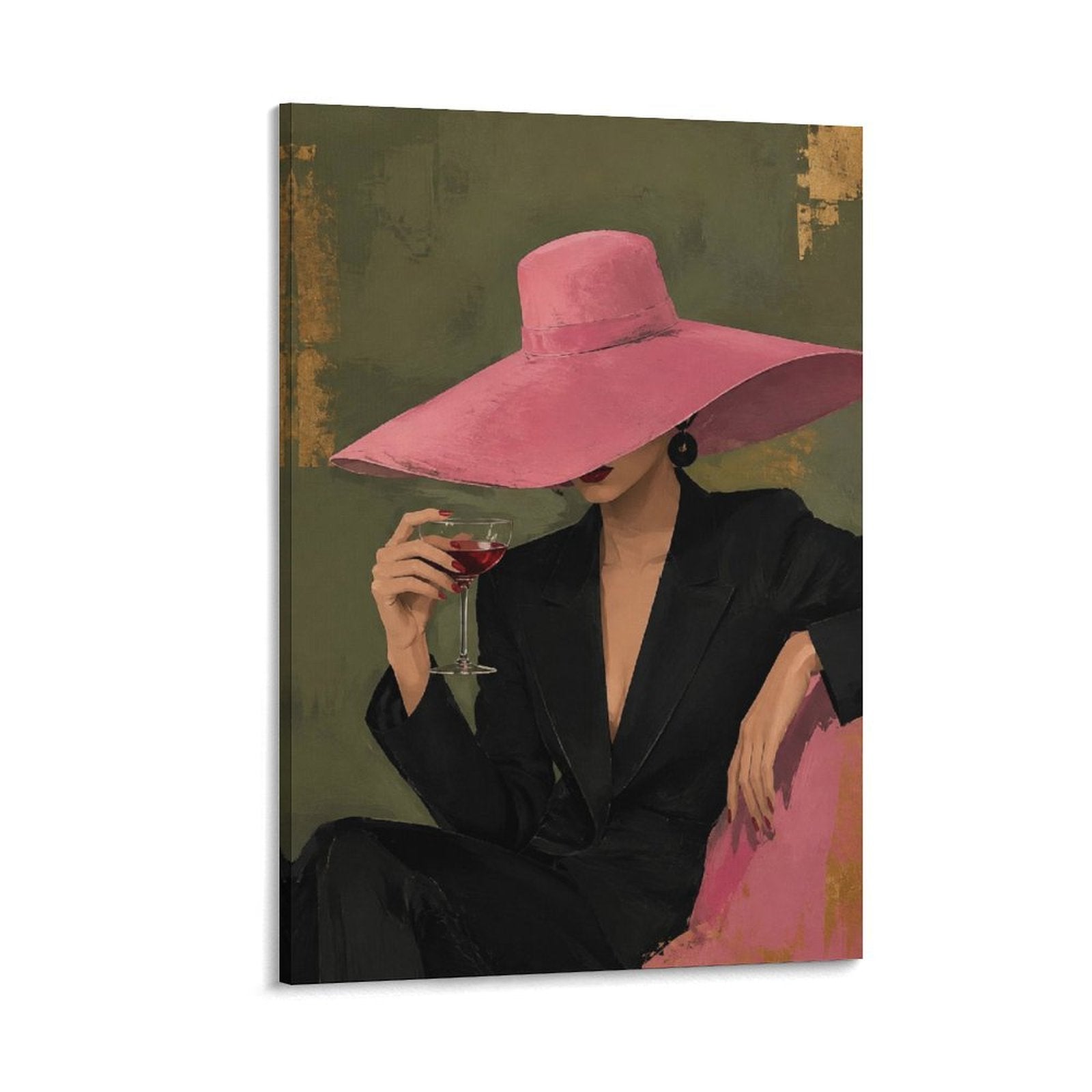 Chic Woman Pink Hat Red Wine Vintage Fashion Figurative Framed Canvas Wall Art