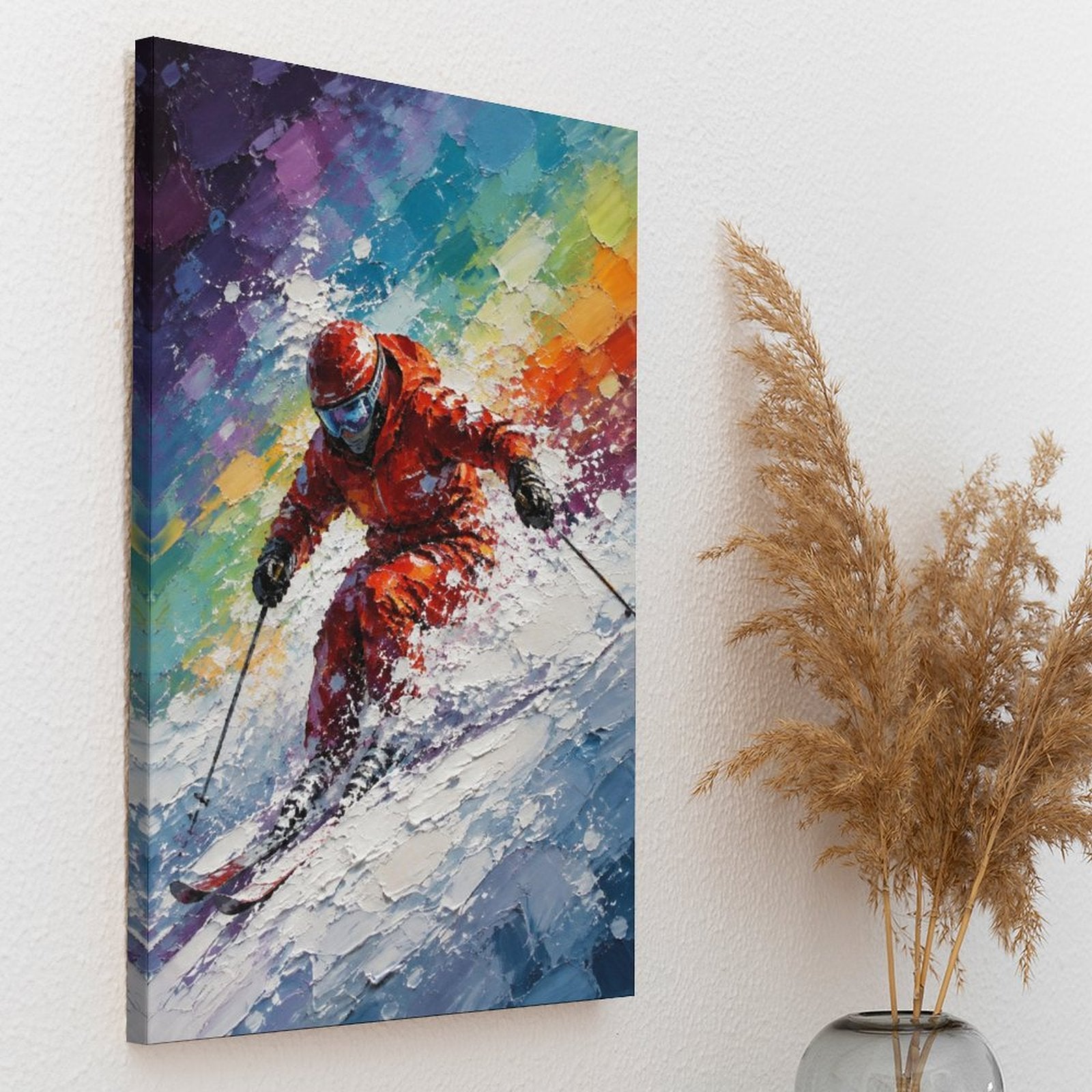 Dynamic Skier Red Suit Colorful Abstract Framed Canvas Wall Art | Winter Sports Textured Print