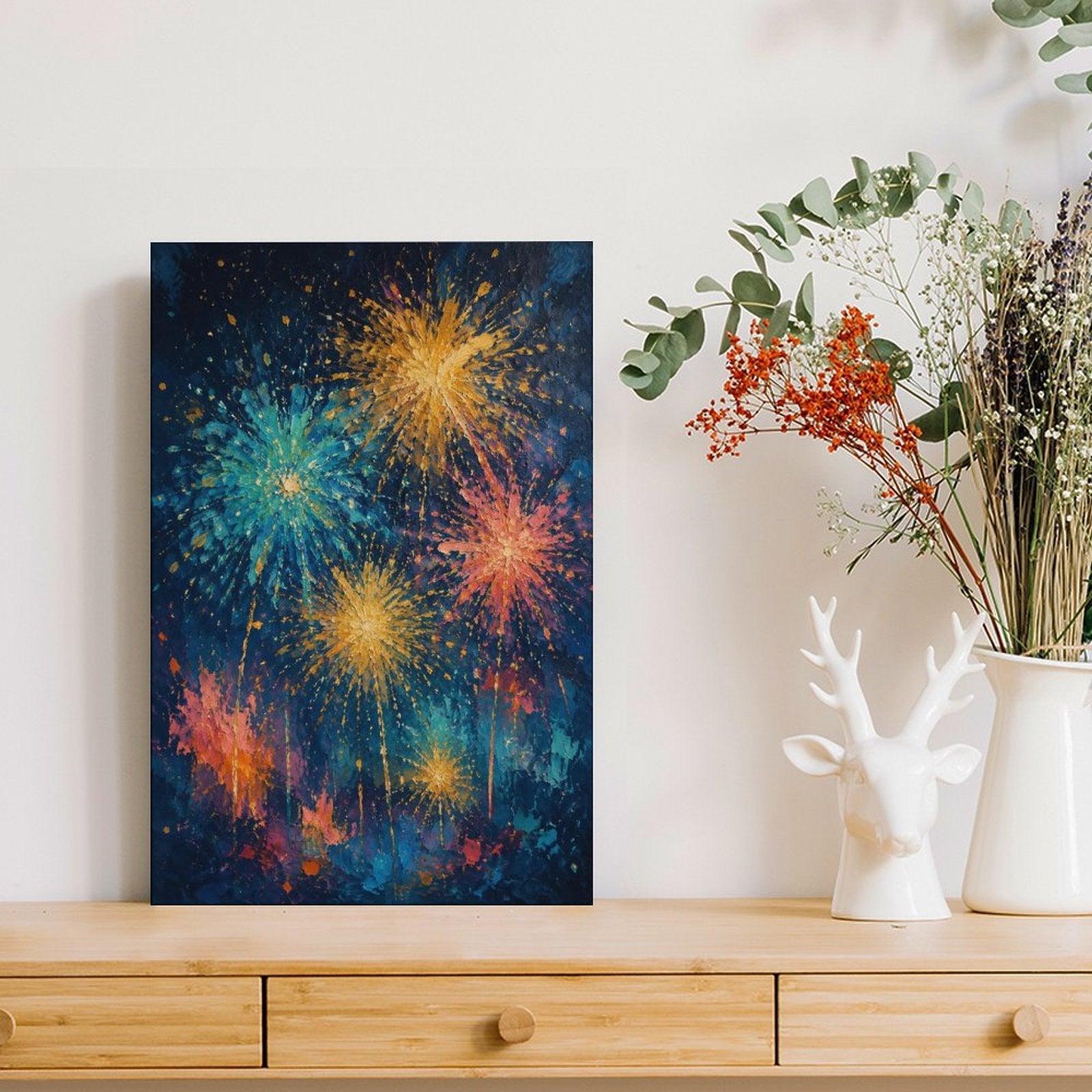 Colorful Fireworks Night Sky Impressionist Framed Canvas Wall Art | Festive Celebration Print