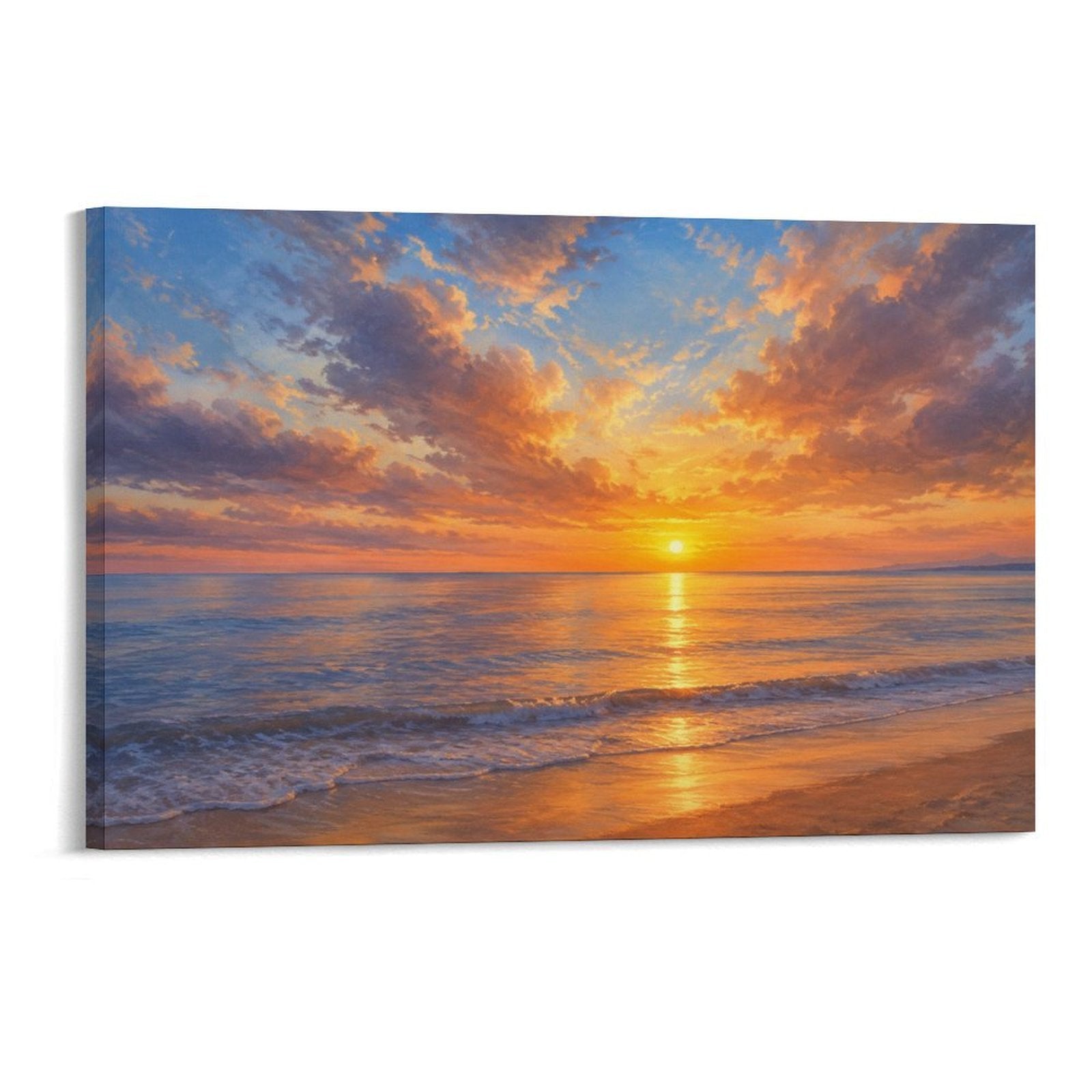 Golden Beach Sunset Coastal Ocean Seascape Oil Painting Framed Canvas Wall Art