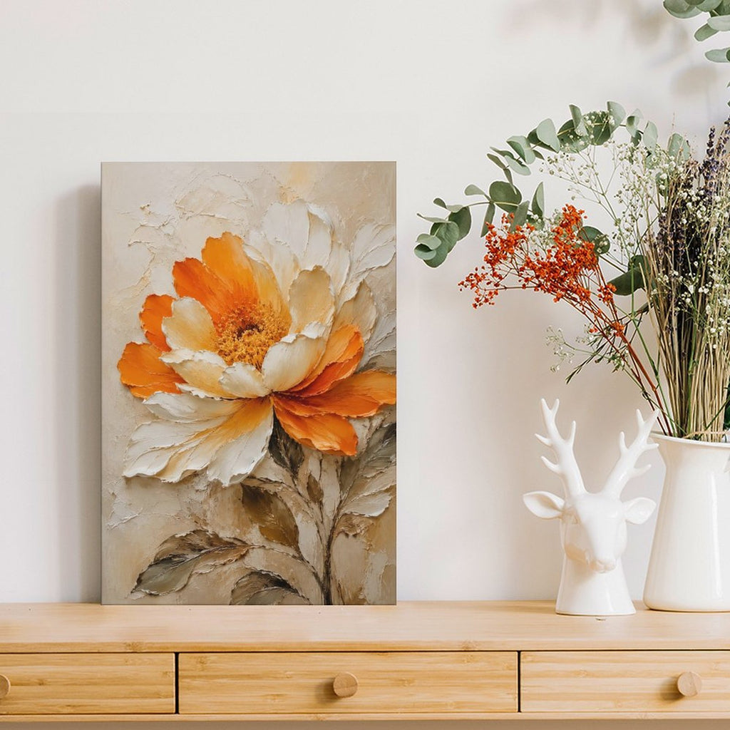 Orange & White Peony Textured Framed Canvas Wall Art | Floral Oil Painting Print