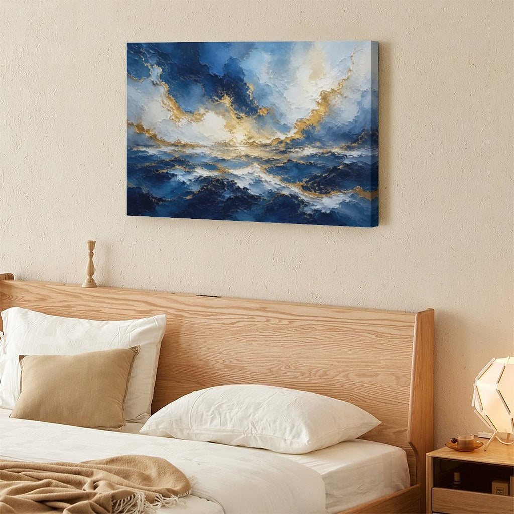 Abstract Navy Blue Gold Ocean Storm Framed Canvas Wall Art | Luxury Seascape Textured Print