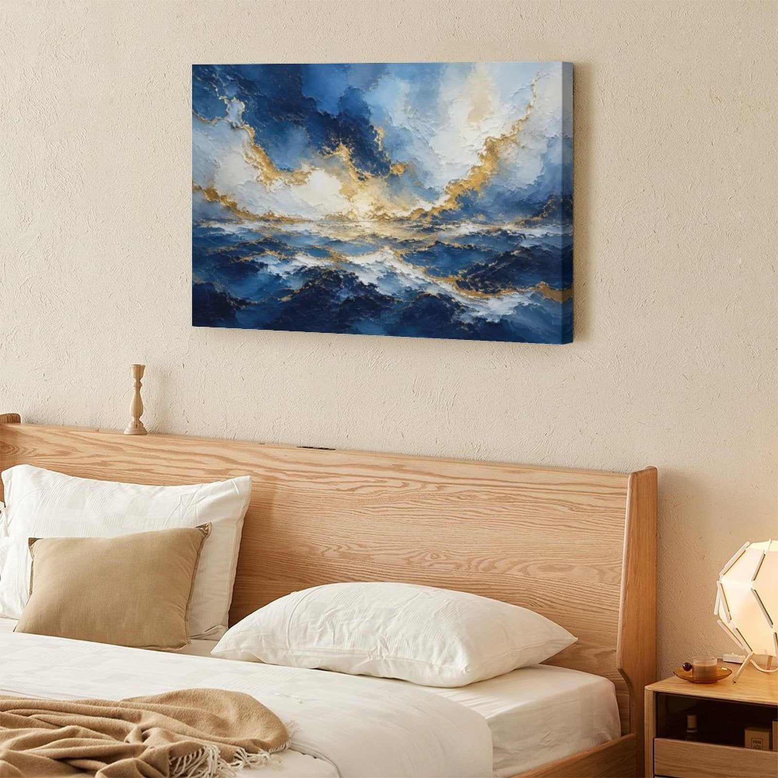 Abstract Navy Blue Gold Ocean Storm Framed Canvas Wall Art | Luxury Seascape Textured Print