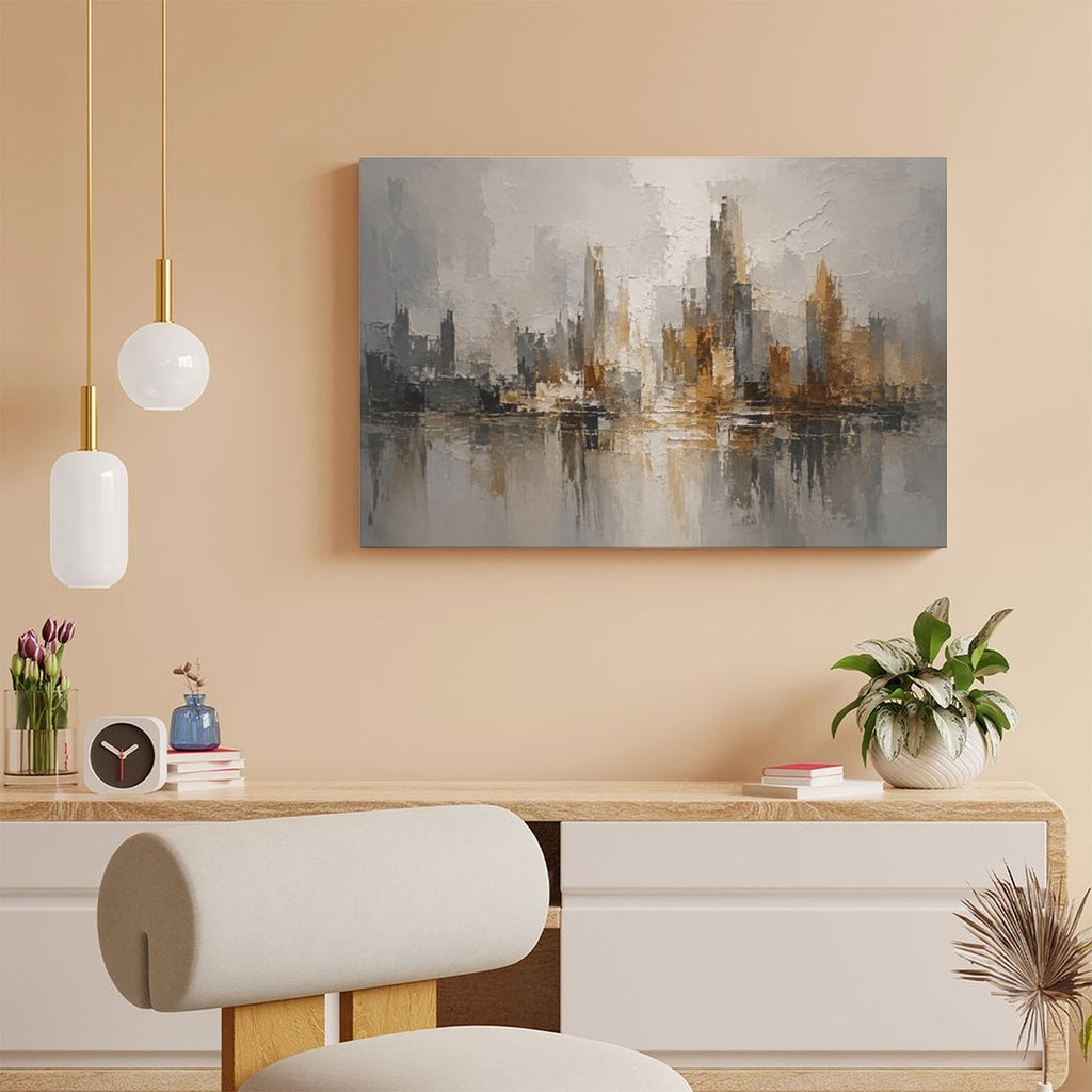 Abstract City Skyline Gold Grey Framed Canvas Wall Art | Modern Urban Textured Landscape Print