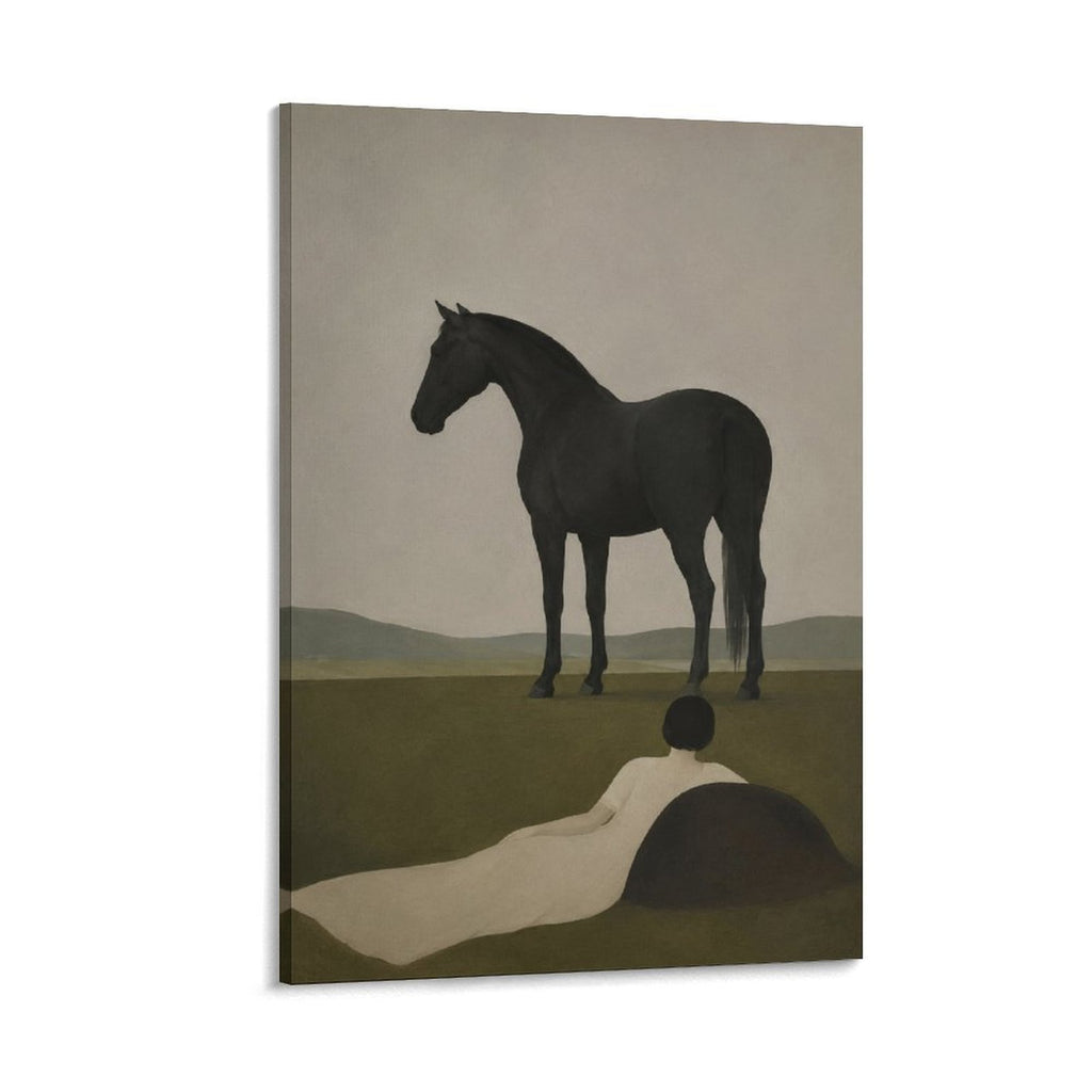Woman and Black Horse Minimalist Moody Figurative Framed Canvas Wall Art