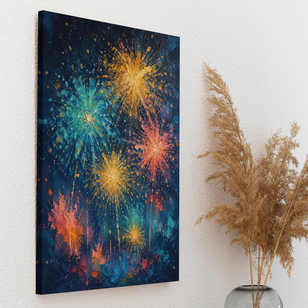 Colorful Fireworks Night Sky Impressionist Framed Canvas Wall Art | Festive Celebration Print